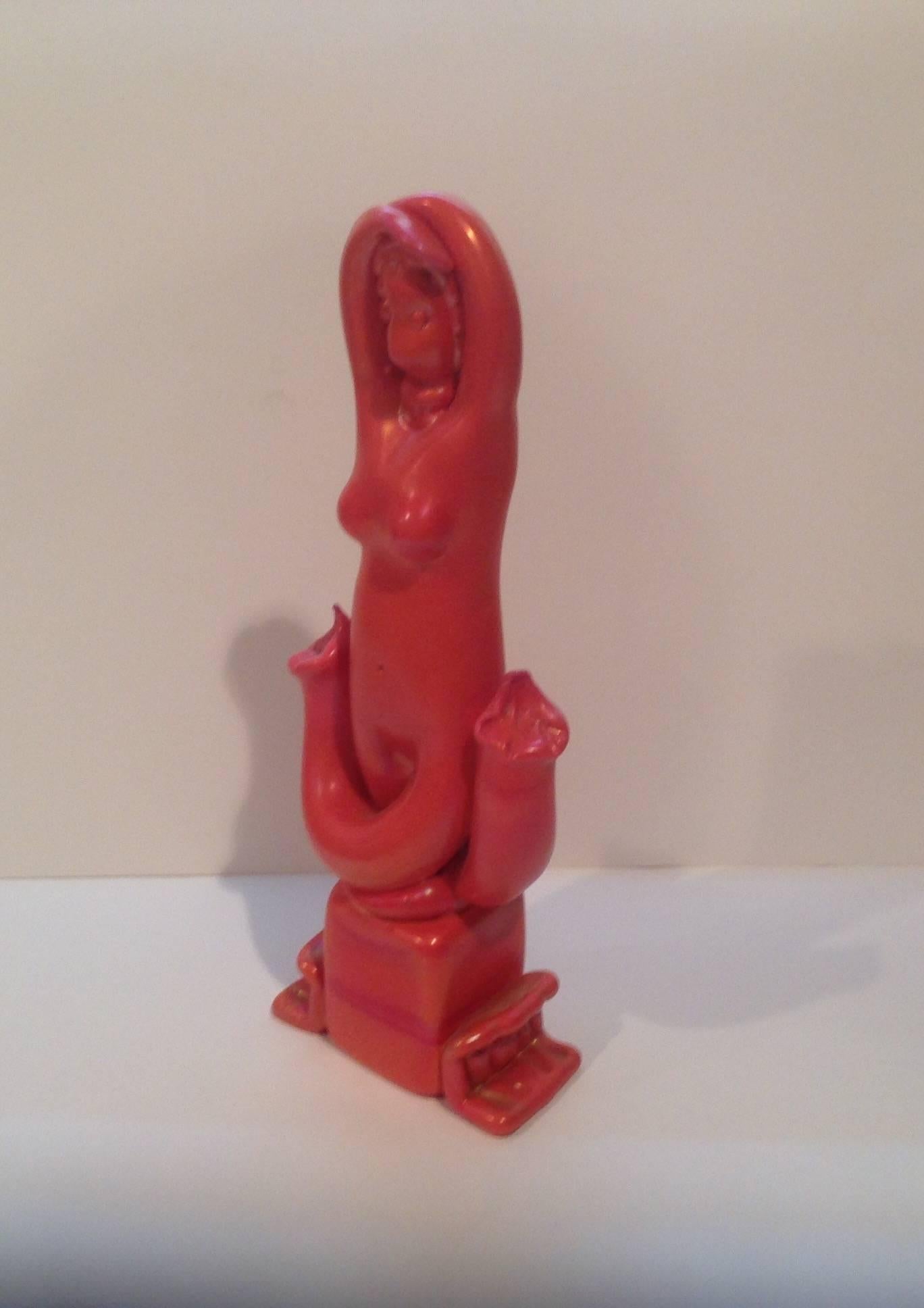 Mid-Century Modern Rare Red Alfredo Barbini Murano Nude Pasta di Vetro Glass Figure on Pedestal