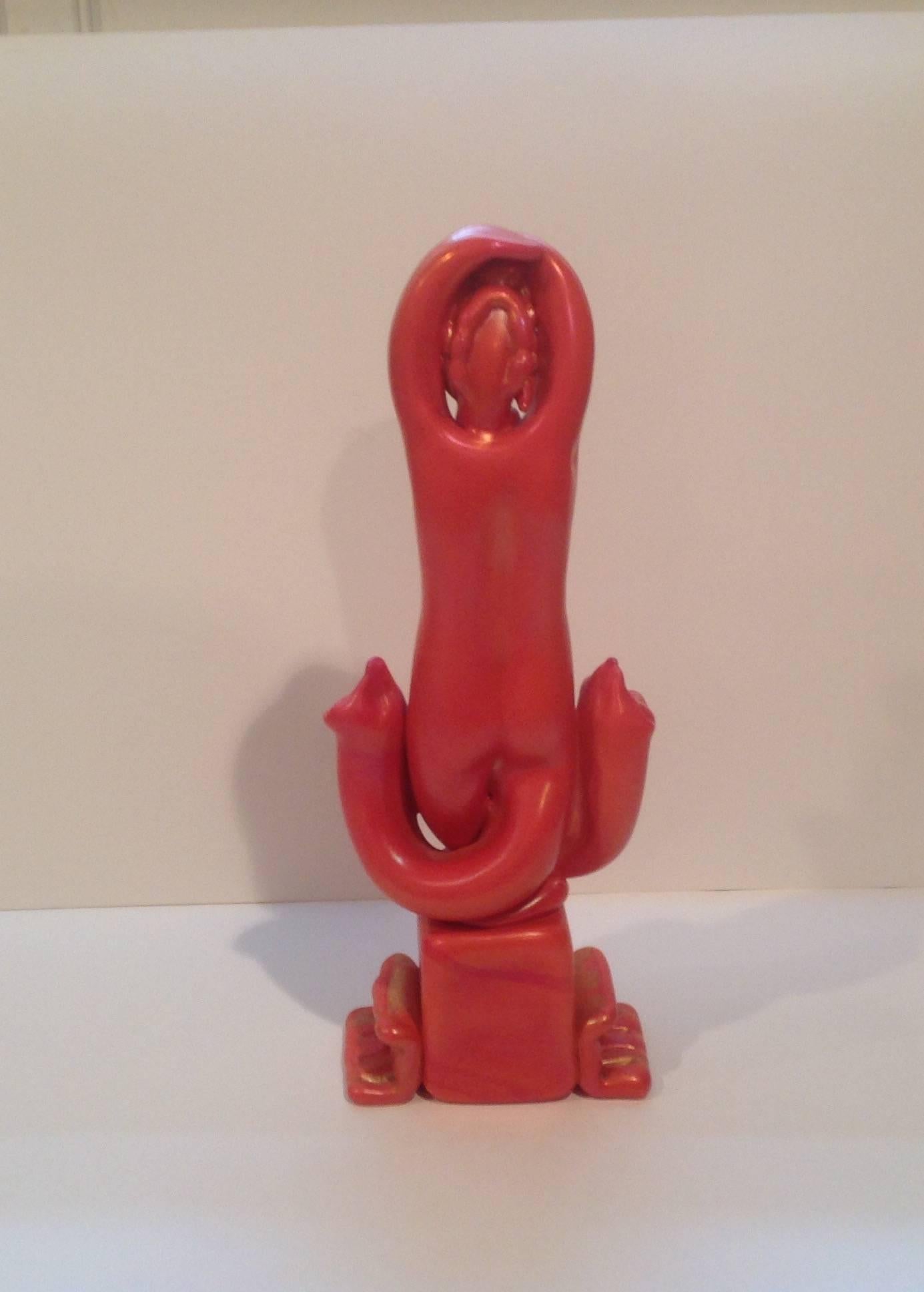 Italian Rare Red Alfredo Barbini Murano Nude Pasta di Vetro Glass Figure on Pedestal