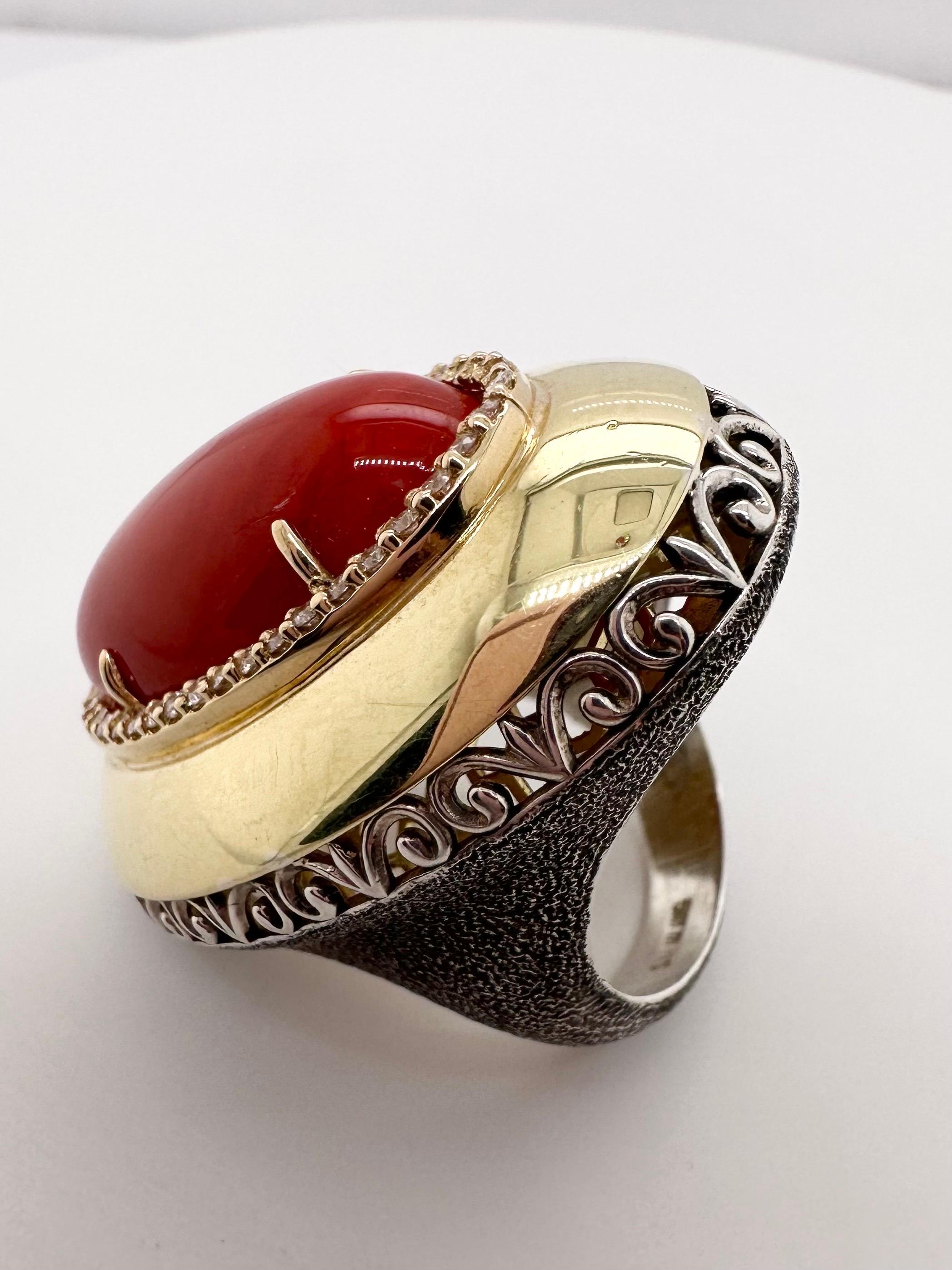 Rare Red Coral & Diamond Cocktail ring 18KT gold For Sale 5