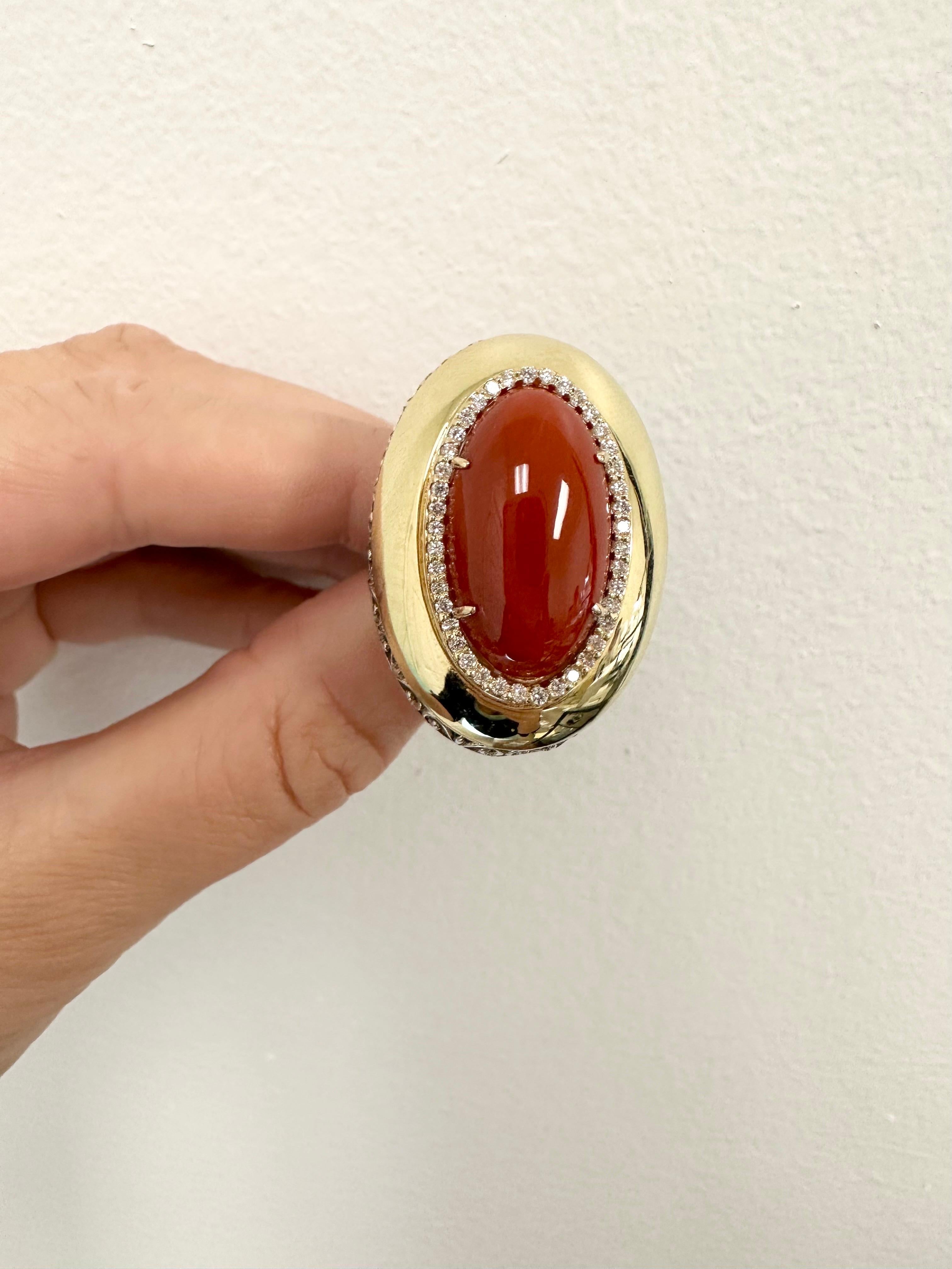 Round Cut Rare Red Coral & Diamond Cocktail ring 18KT gold For Sale