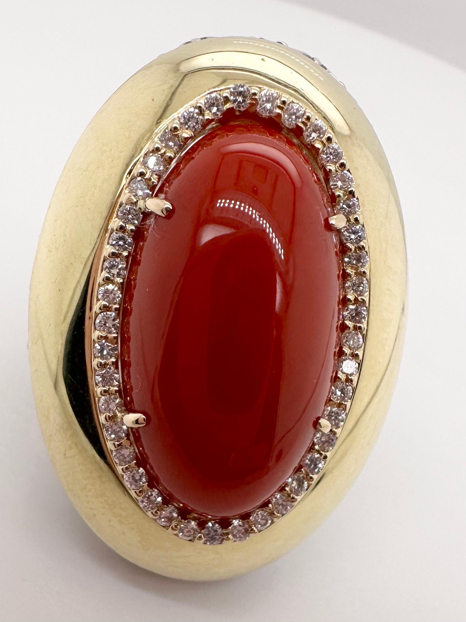 Rare Red Coral & Diamond Cocktail ring 18KT gold For Sale 2