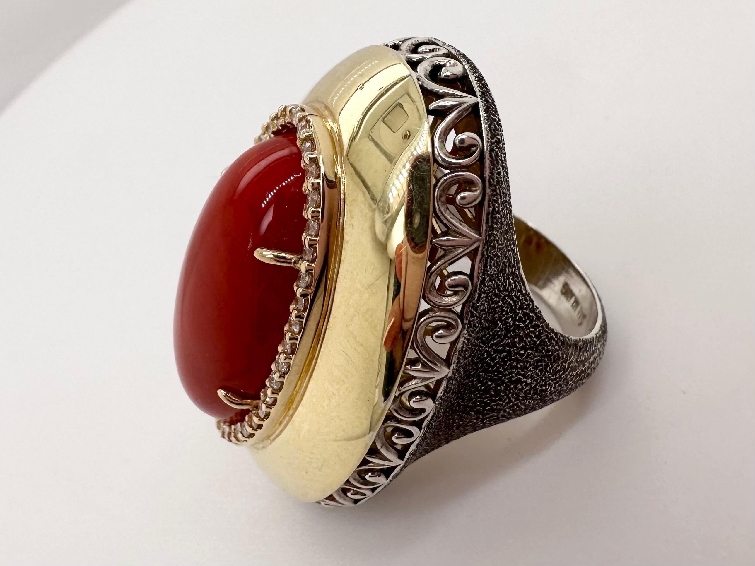 Rare Red Coral & Diamond Cocktail ring 18KT gold For Sale 3
