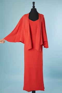 RARE red crêpe evening dress with cape Grès 1966