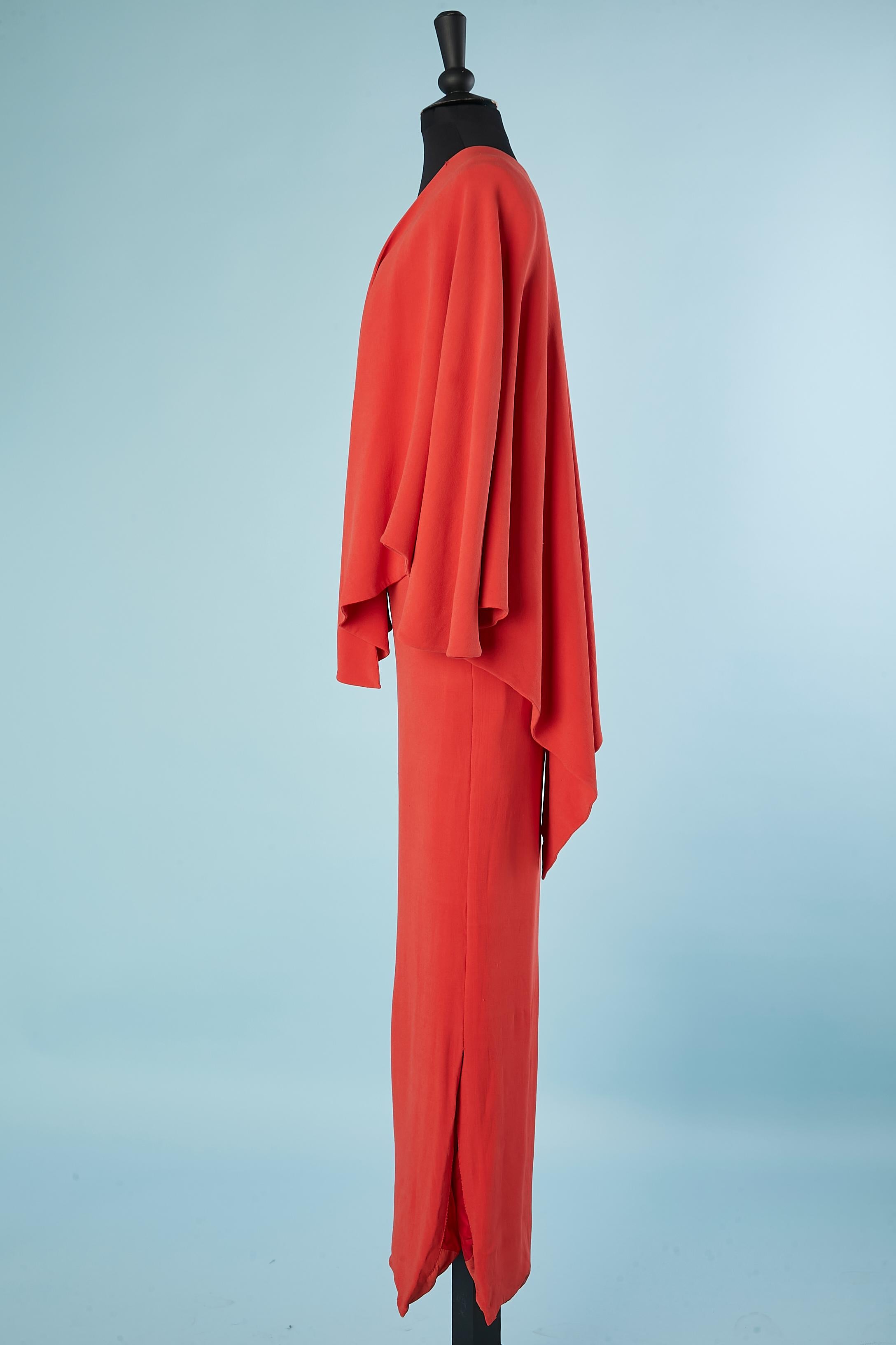 Red RARE red crêpe evening dress with cape Grès 1966 For Sale