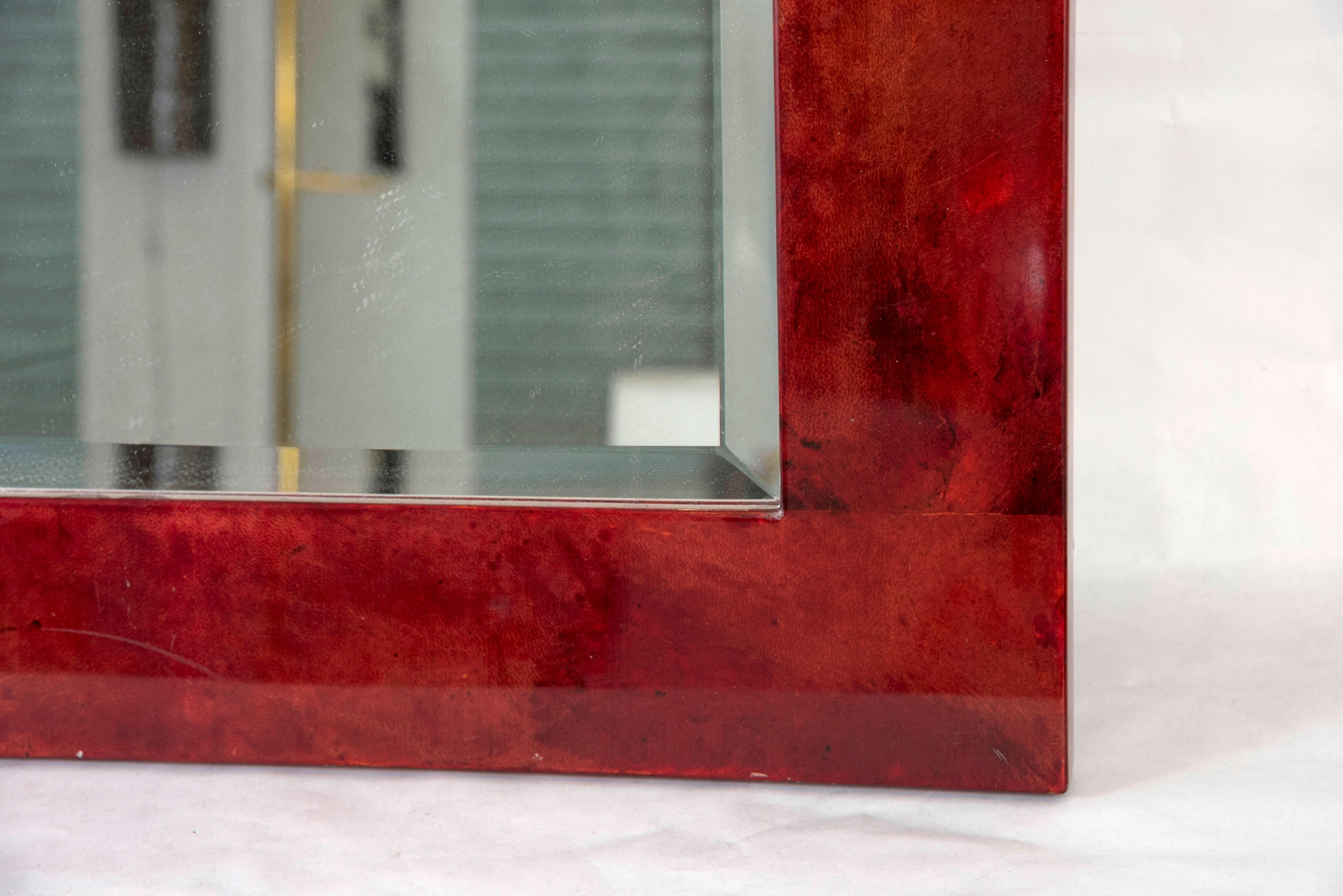 Rare Red Goatskin Wall Mirror by Aldo Tura In Excellent Condition In Bois-Colombes, FR