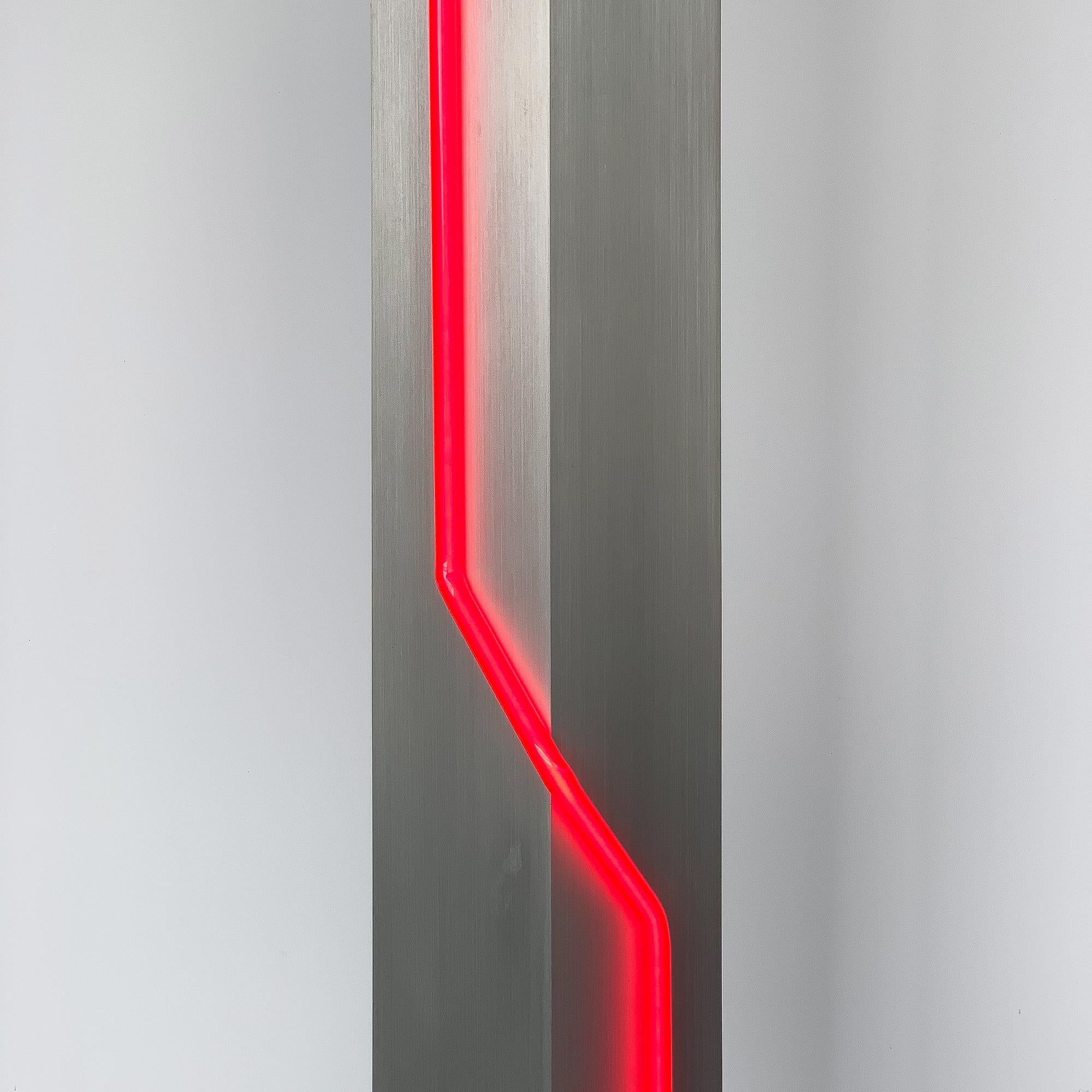 Brushed Rare Red Neon and Aluminum Floor Lamp by Rudi Stern and Don Chelsea for Kovacs
