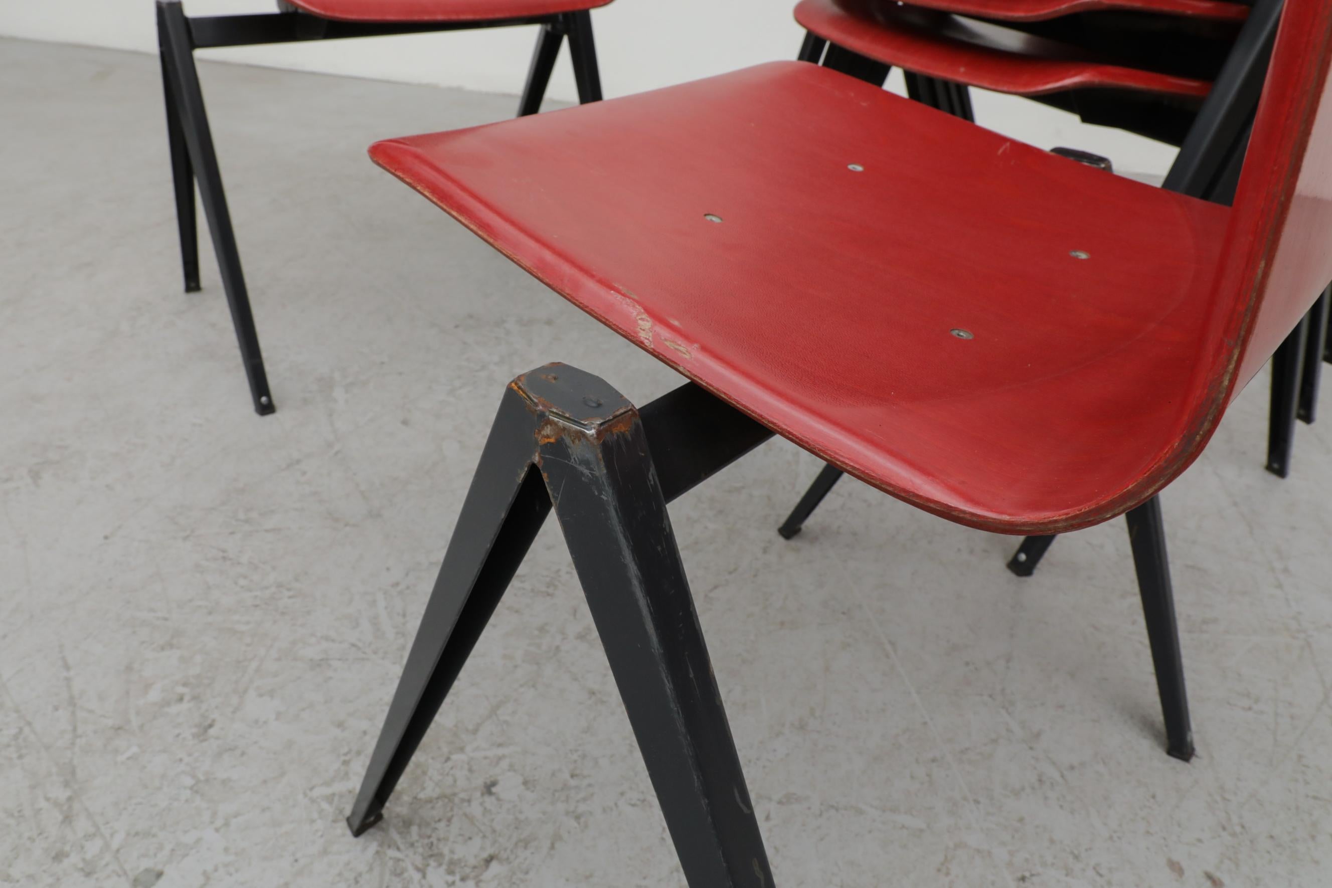 Rare Red Prouve Style Stacking Chairs with Dark Metal Compass Legs For Sale 6