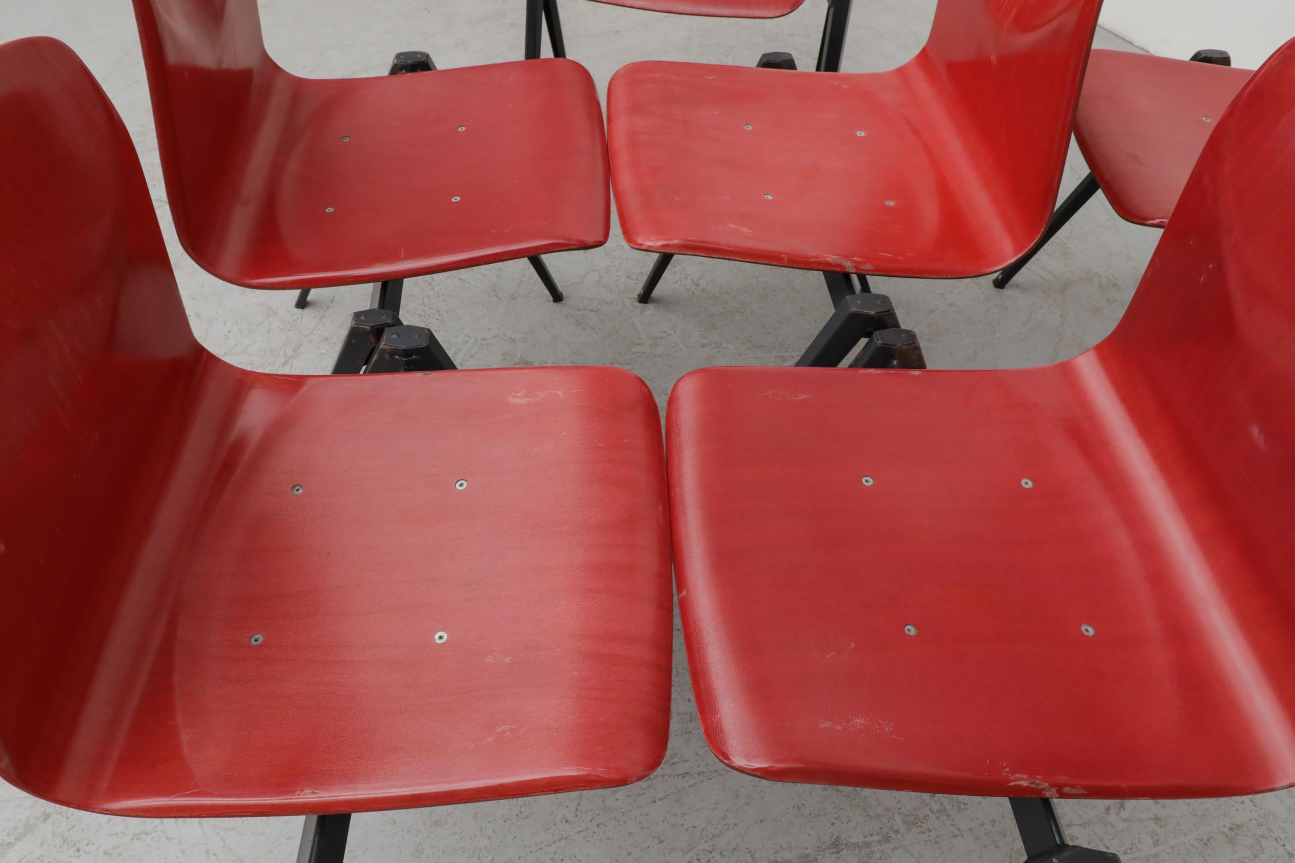 Rare Red Prouve Style Stacking Chairs with Dark Metal Compass Legs For Sale 7