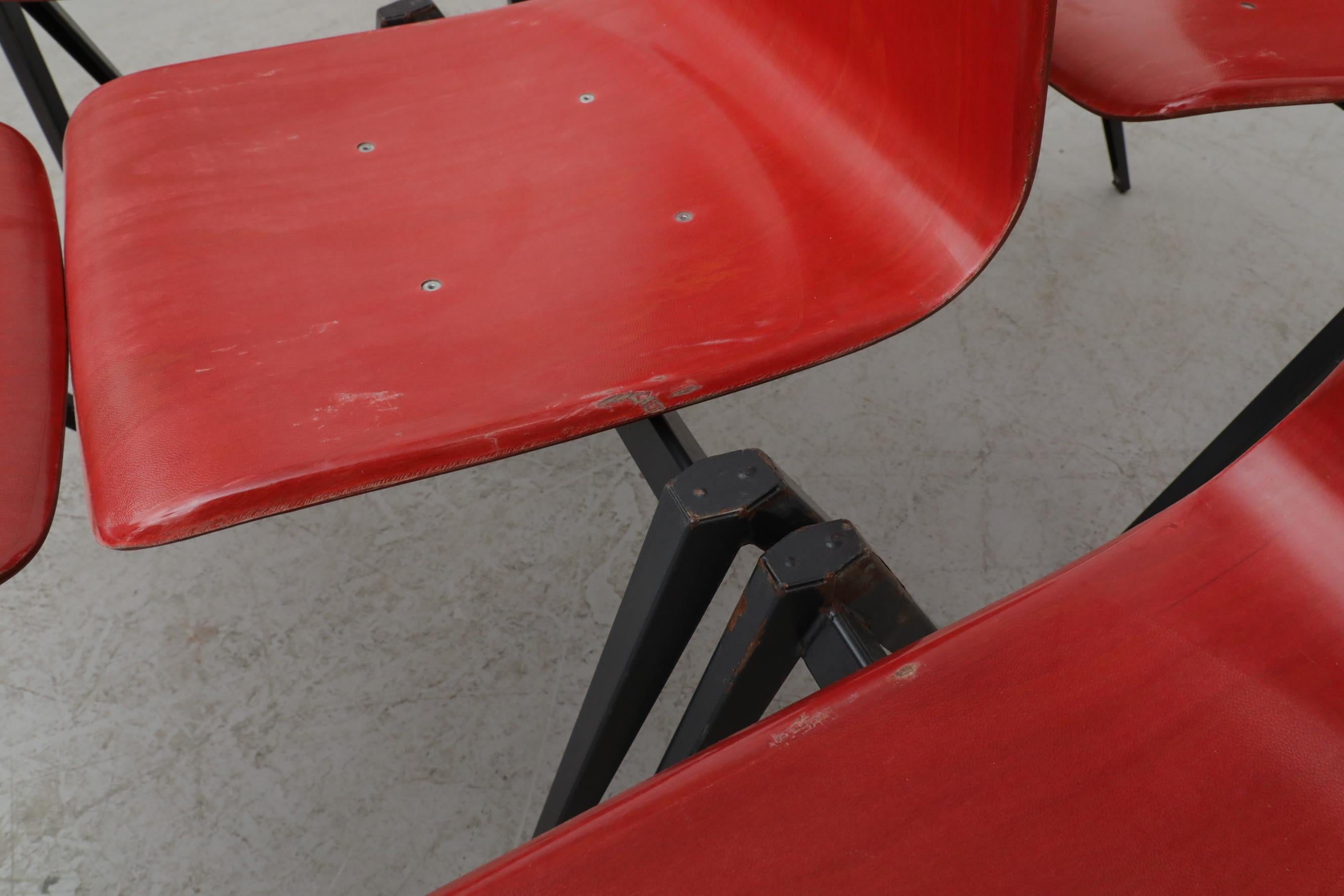 Rare Red Prouve Style Stacking Chairs with Dark Metal Compass Legs For Sale 8