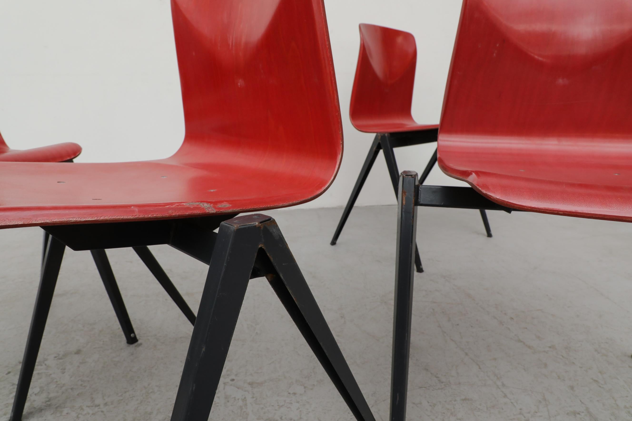 Rare Red Prouve Style Stacking Chairs with Dark Metal Compass Legs For Sale 9