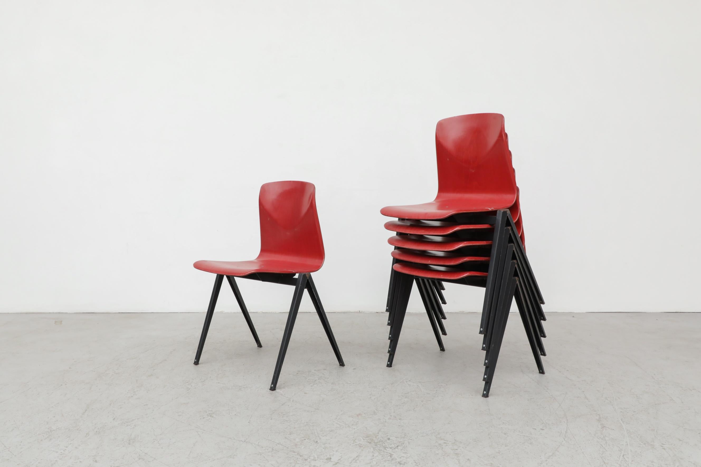 Mid-Century Modern Rare Red Prouve Style Stacking Chairs with Dark Metal Compass Legs For Sale