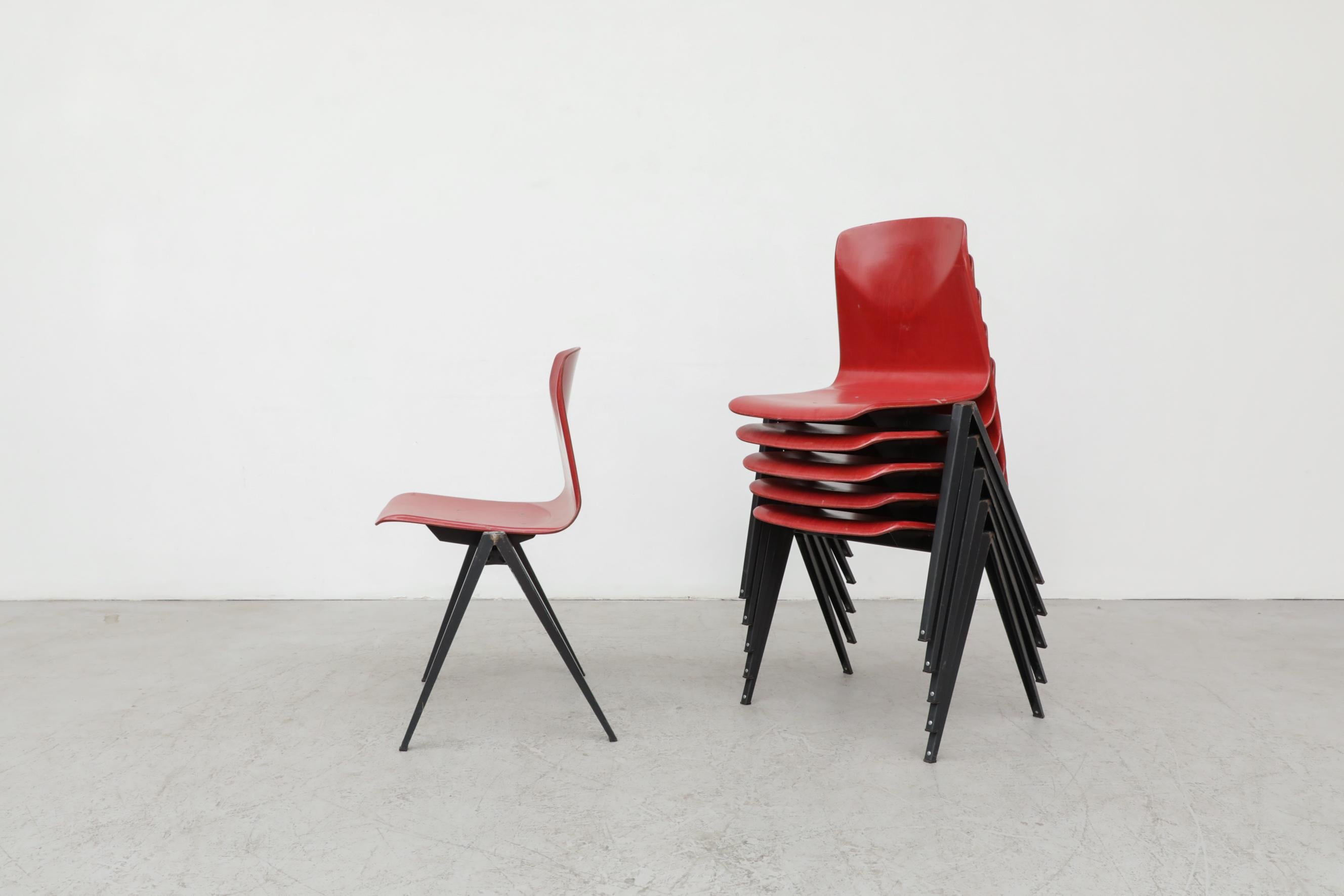 Dutch Rare Red Prouve Style Stacking Chairs with Dark Metal Compass Legs For Sale