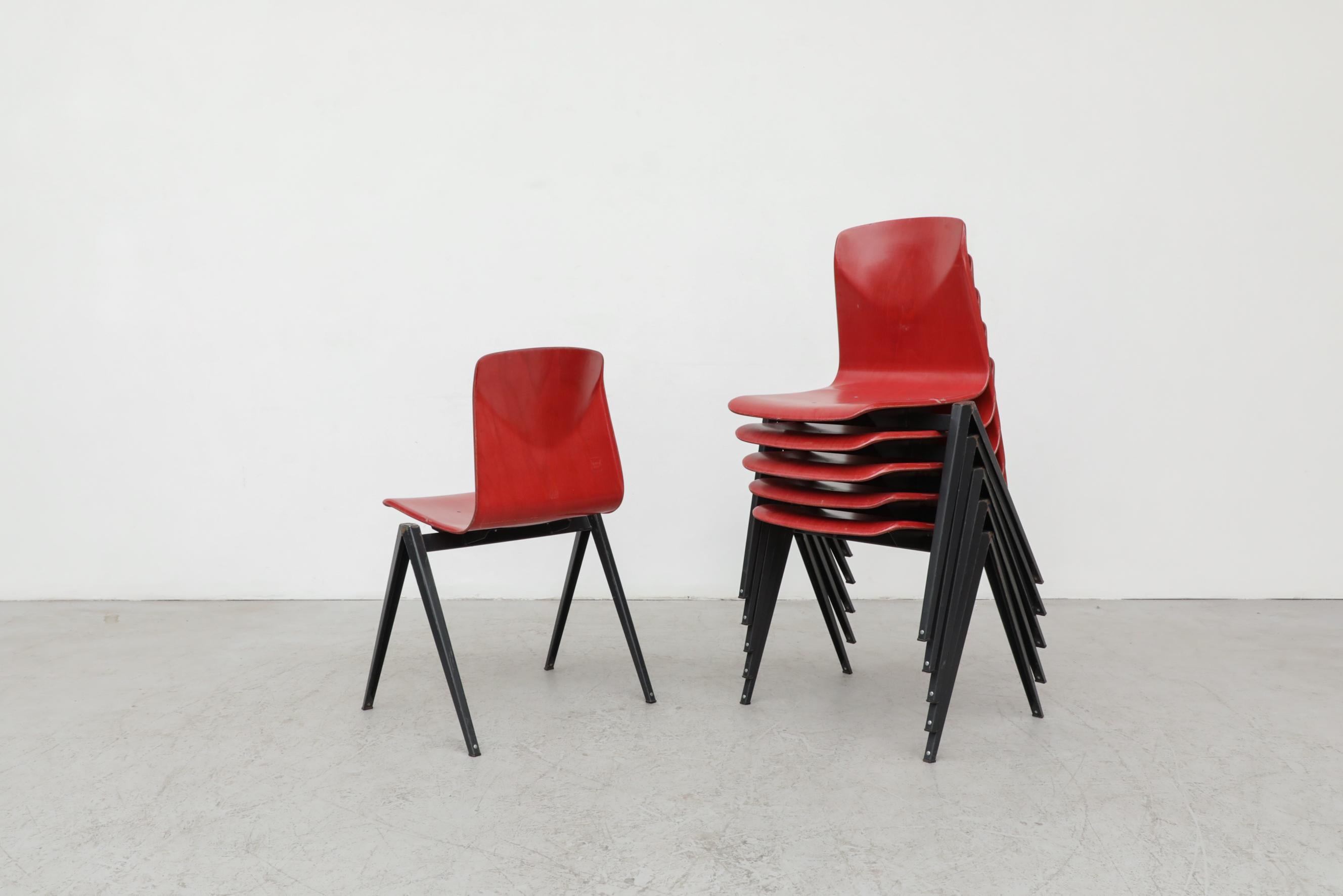 Enameled Rare Red Prouve Style Stacking Chairs with Dark Metal Compass Legs For Sale