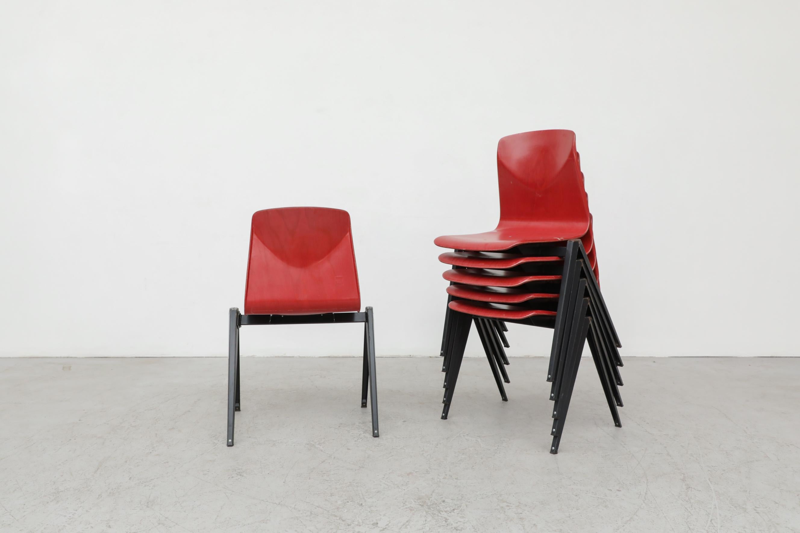 Rare Red Prouve Style Stacking Chairs with Dark Metal Compass Legs In Good Condition For Sale In Los Angeles, CA