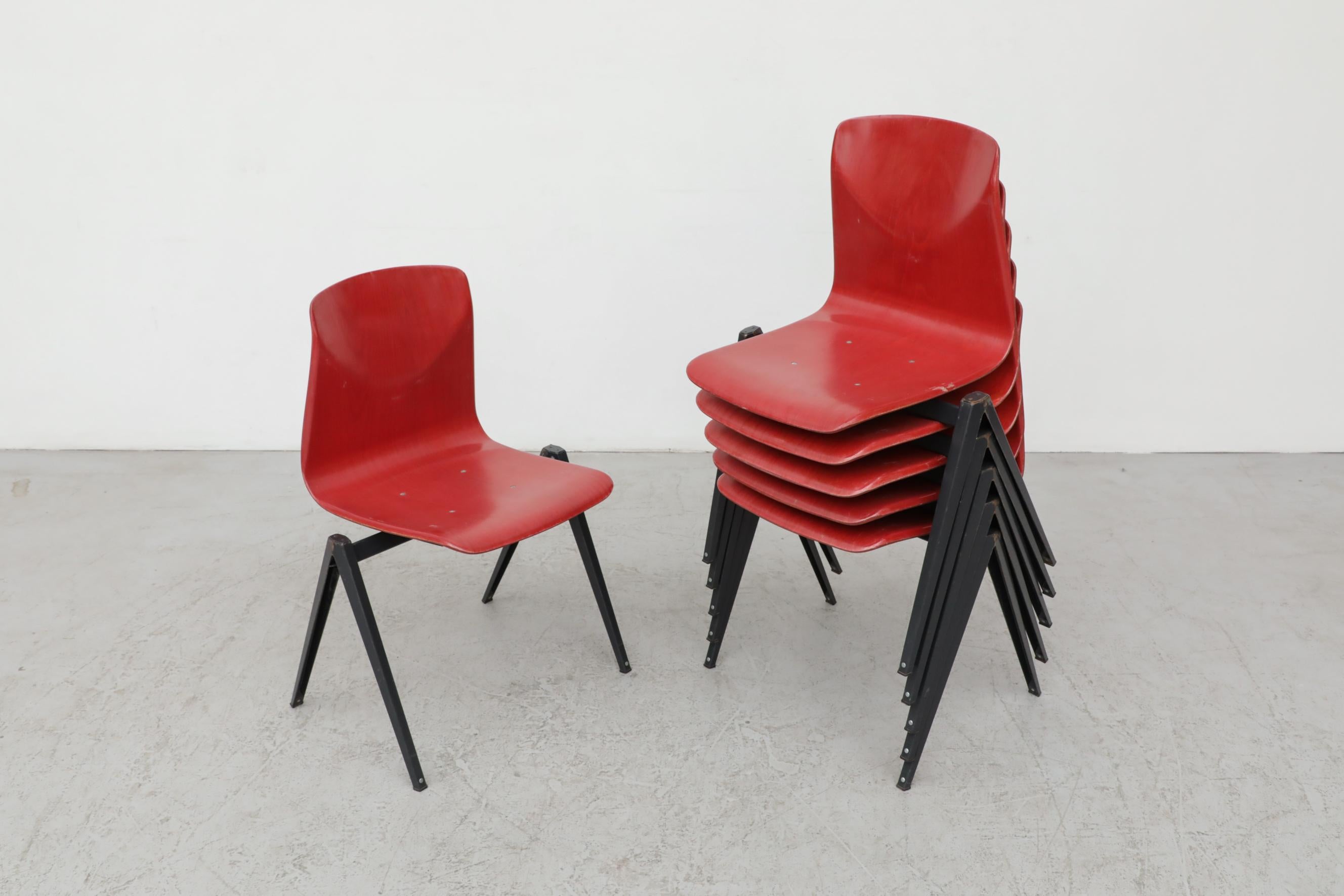 Late 20th Century Rare Red Prouve Style Stacking Chairs with Dark Metal Compass Legs For Sale