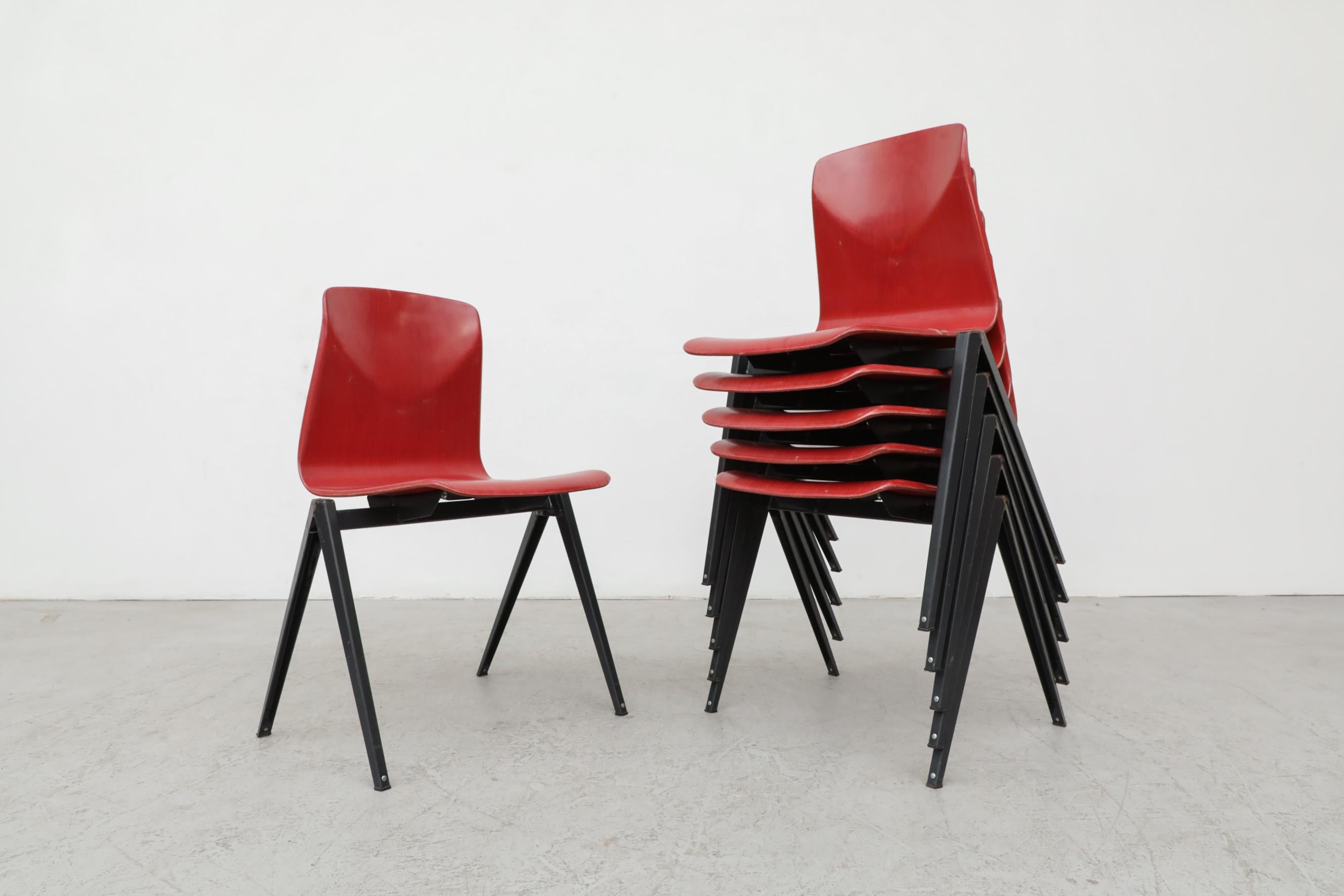 Rare Red Prouve Style Stacking Chairs with Dark Metal Compass Legs For Sale 1