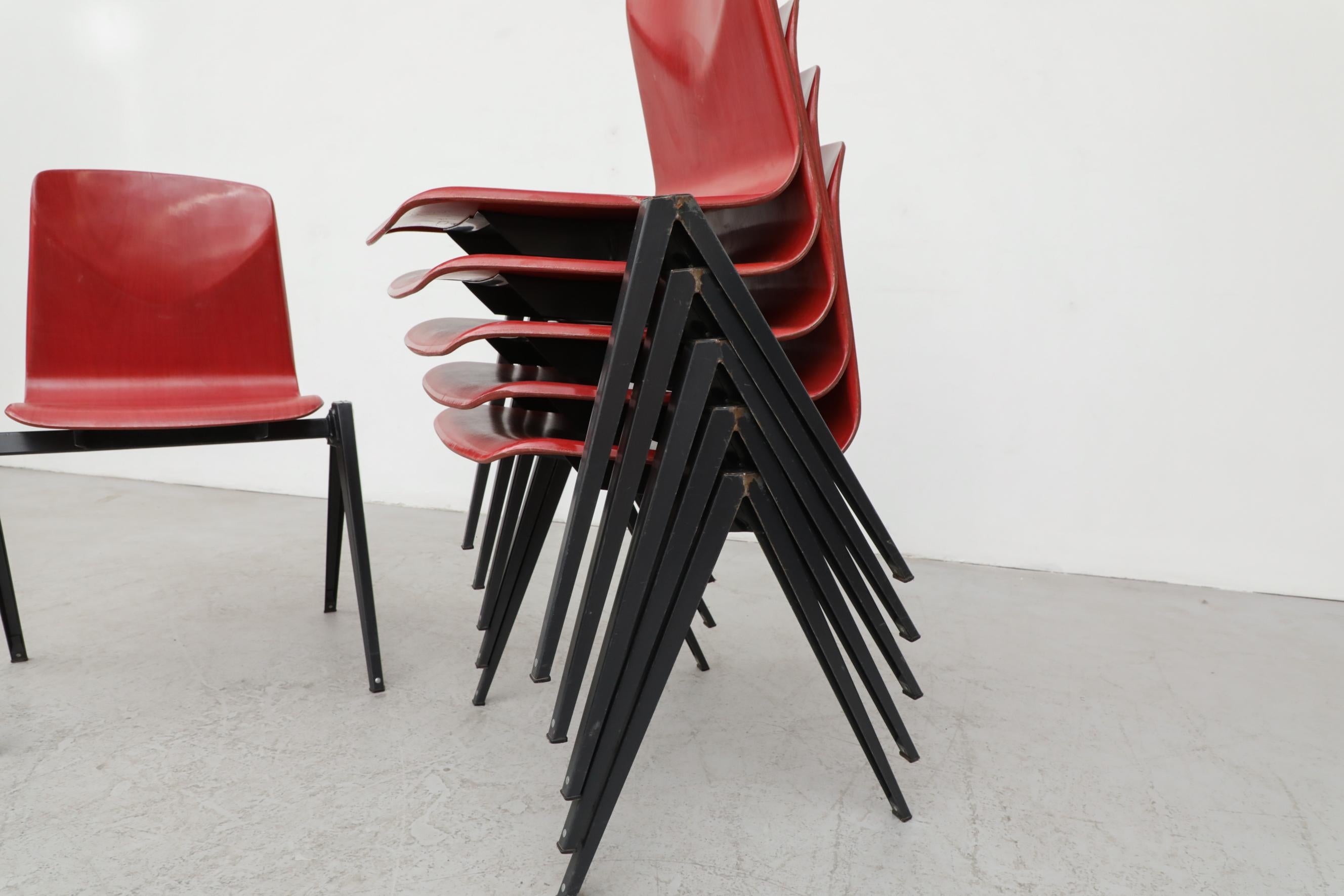 Rare Red Prouve Style Stacking Chairs with Dark Metal Compass Legs For Sale 2