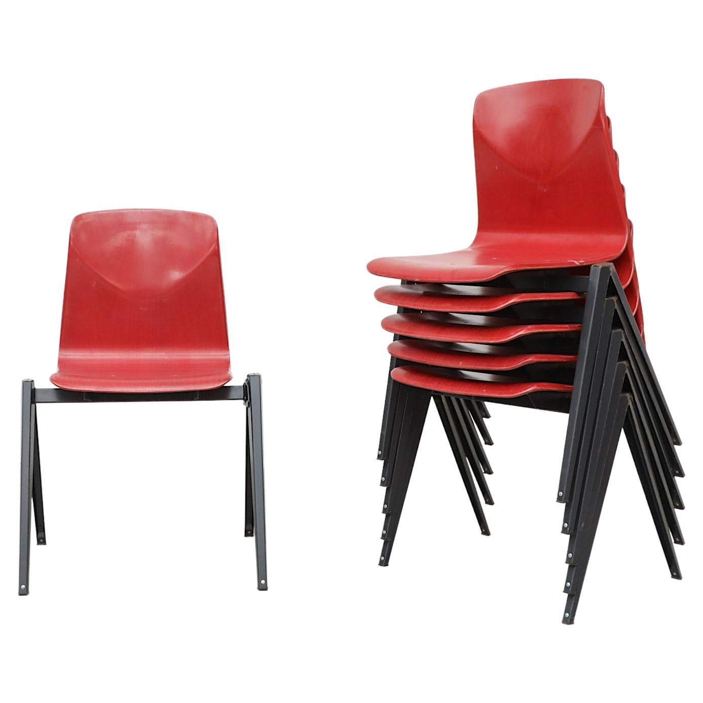 Rare Red Prouve Style Stacking Chairs with Dark Metal Compass Legs For Sale