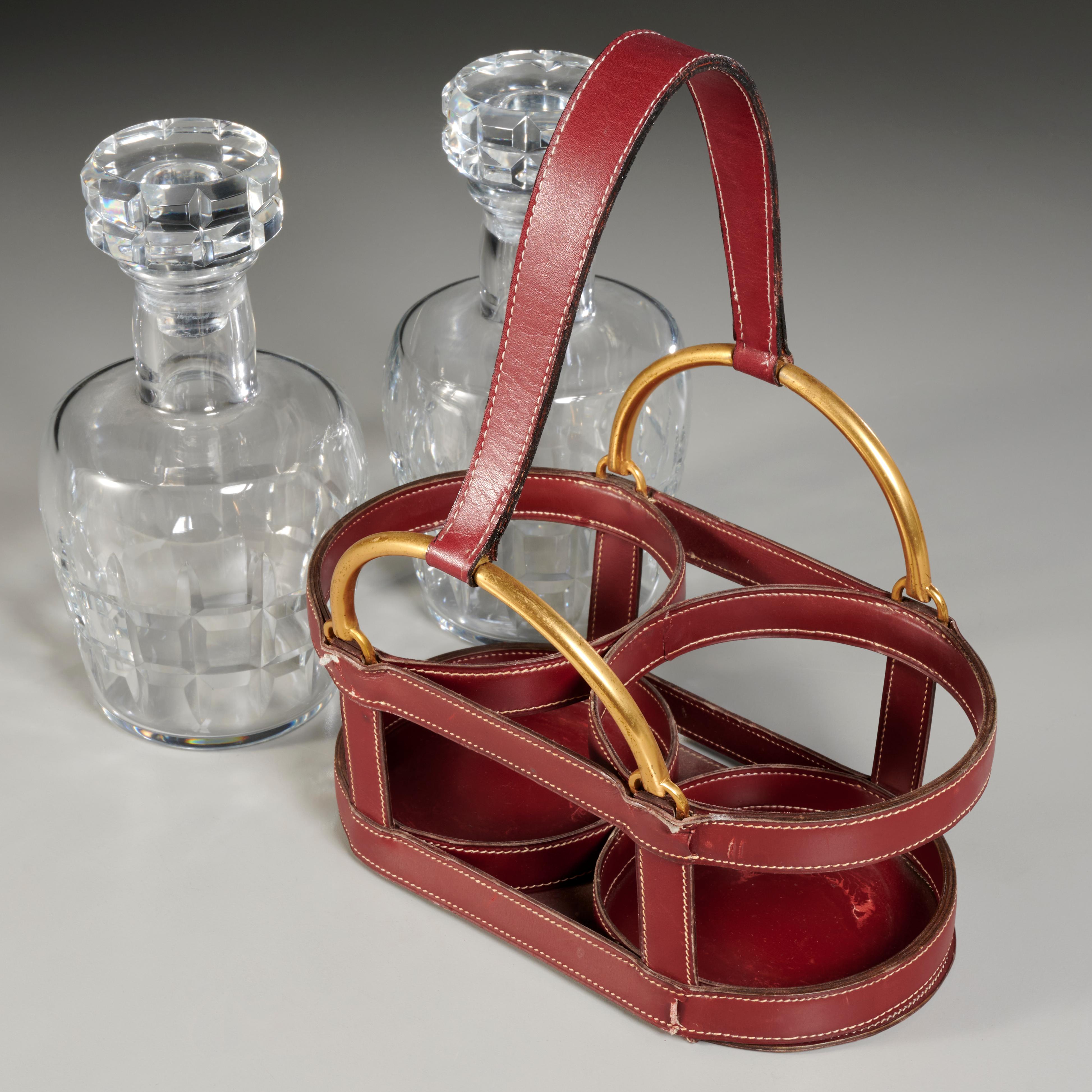 Rare red stitched leather equestrian decanter set by Jacques Adnet for Hermes: Signed: 