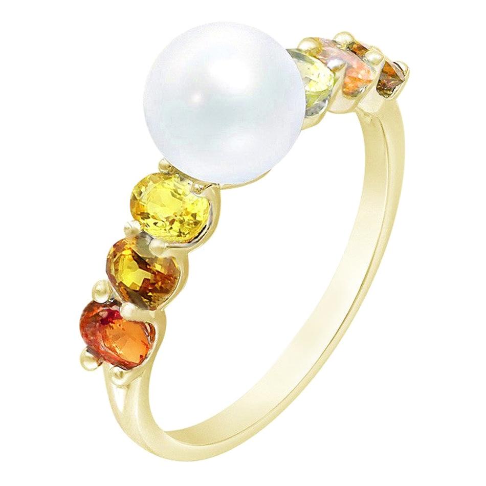 Rare Red / Yellow / Orange Sapphire Pearl Diamond Yellow Gold Ring For Sale
