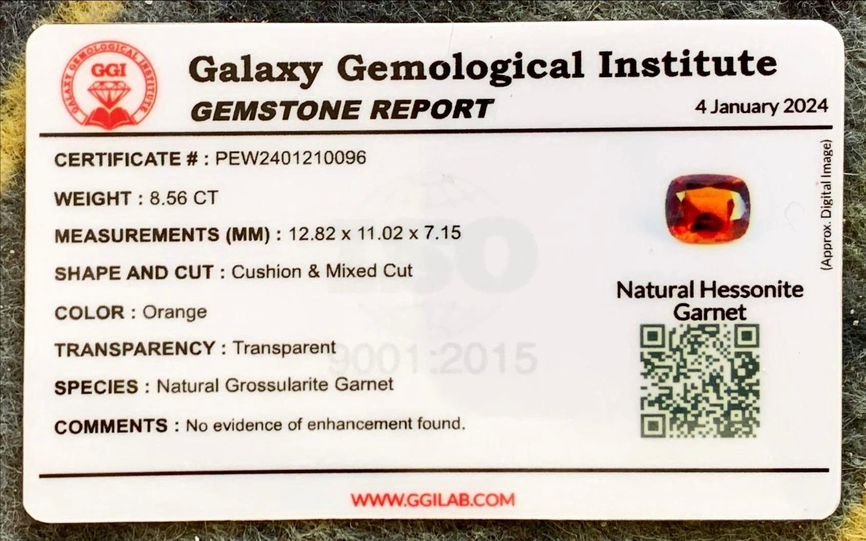 Rare Reddish Orange Natural Hessonite Garnet Gemstone, 8.55 Ct Cushion Cut-Ring For Sale 11