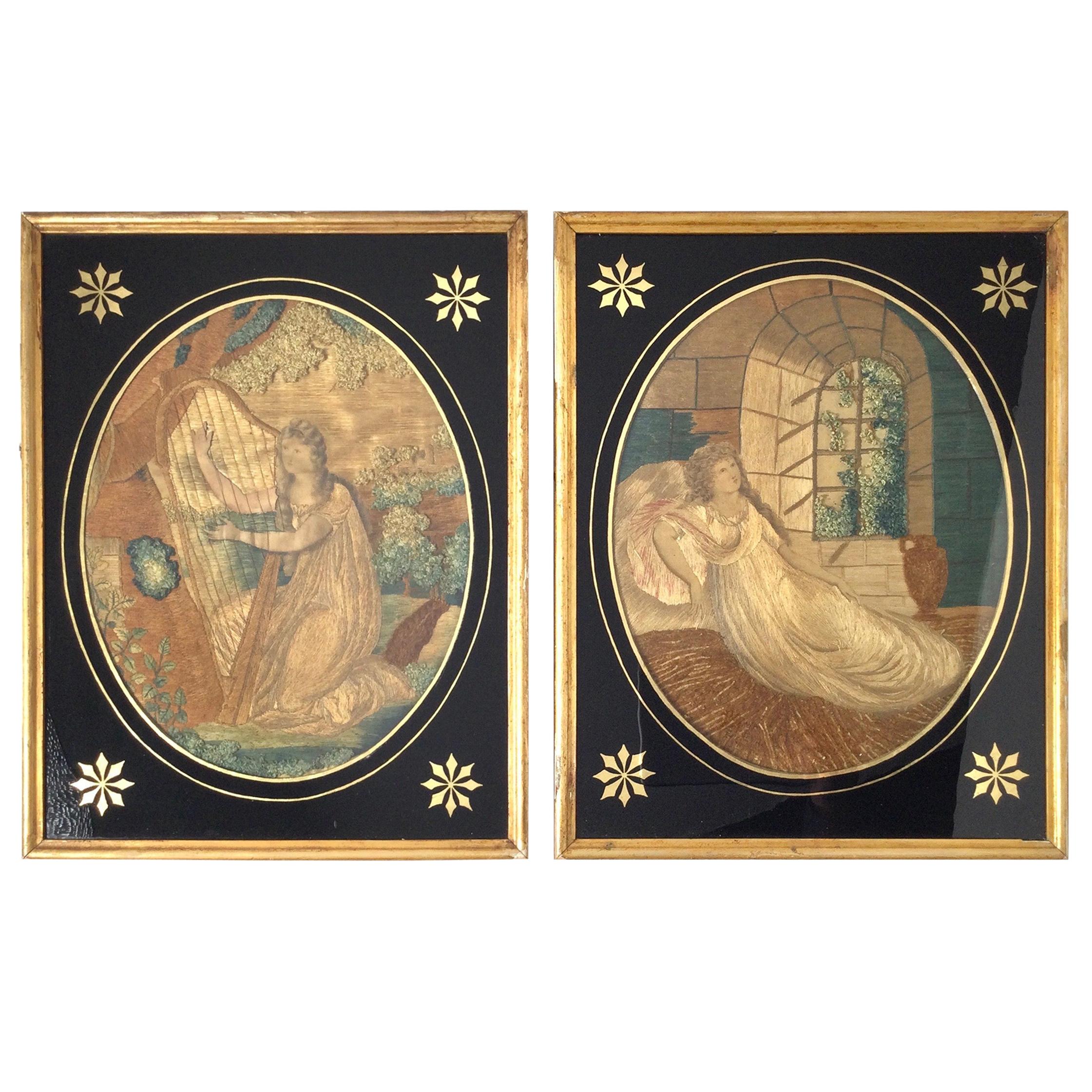 Rare Regency Period Embroidered and Hand Painted Silk Mourning Pictures, Pair For Sale