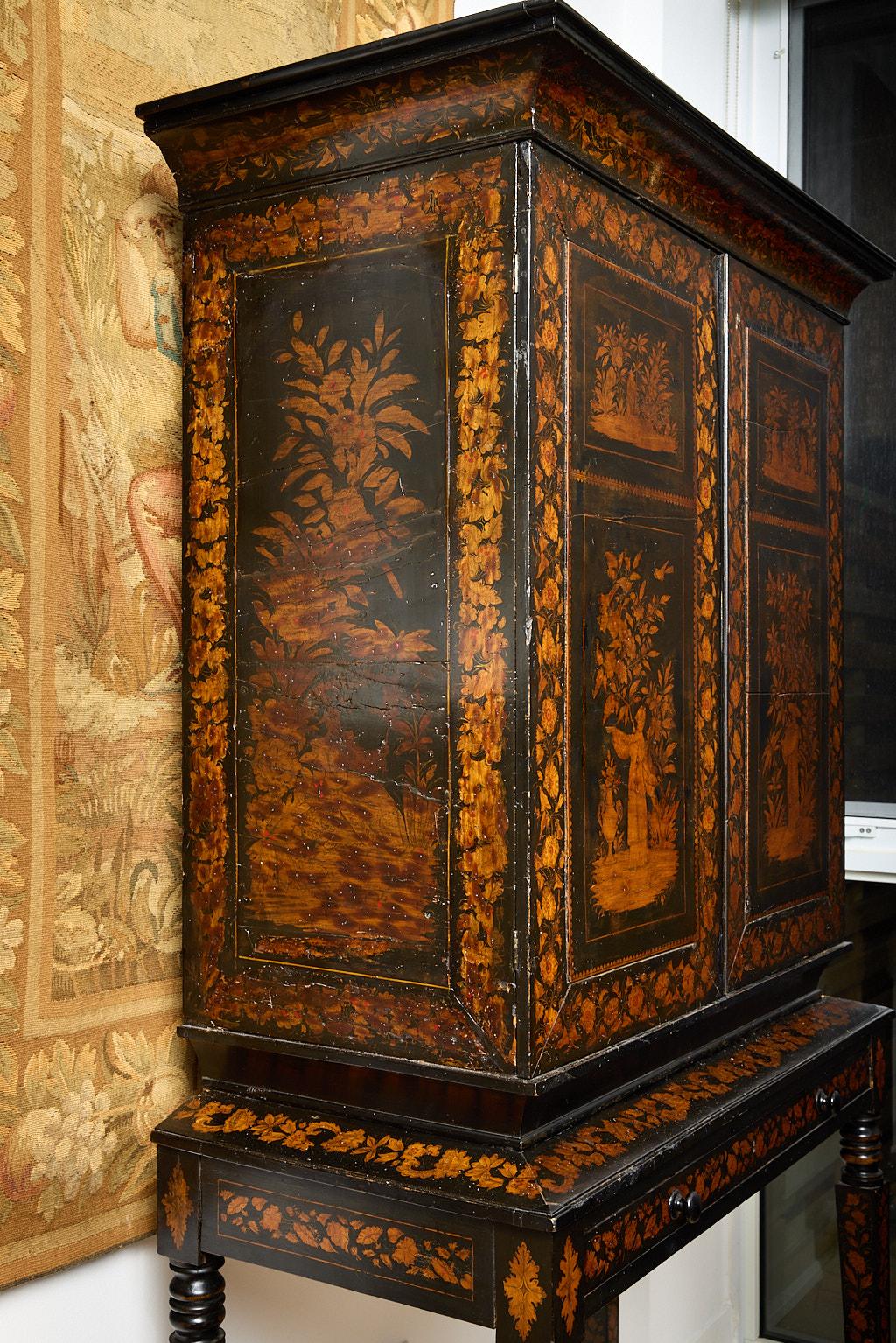 Wood Rare Regency  Penwork Collectors Cabinet on Stand, Chinoiserie For Sale