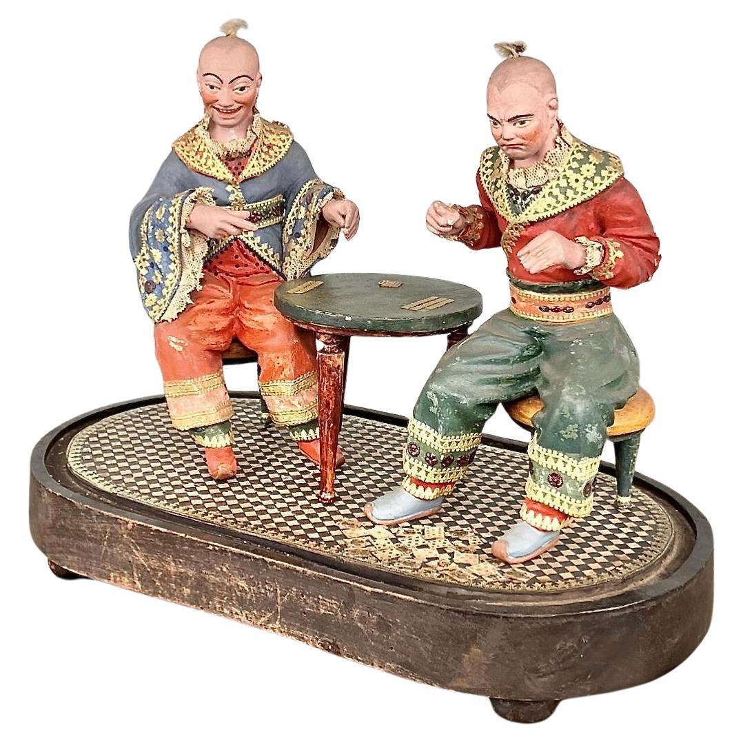 Rare Regency Polychrome Painted Diorama of Card Players For Sale