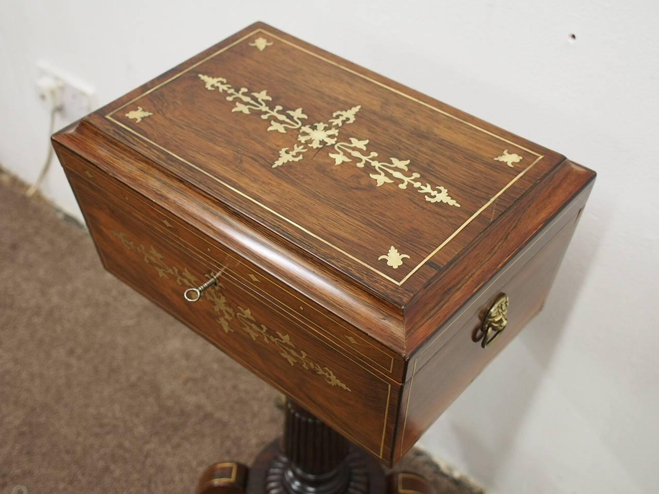 Rare Regency Rosewood and Brass Inlaid Teapoy on Stand, circa 1815 For Sale 1