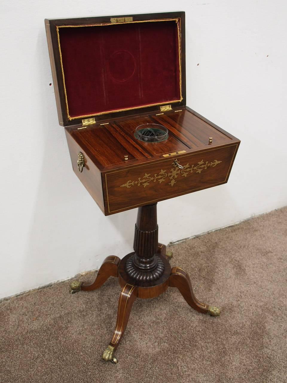 Rare Regency Rosewood and Brass Inlaid Teapoy on Stand, circa 1815 For Sale 2