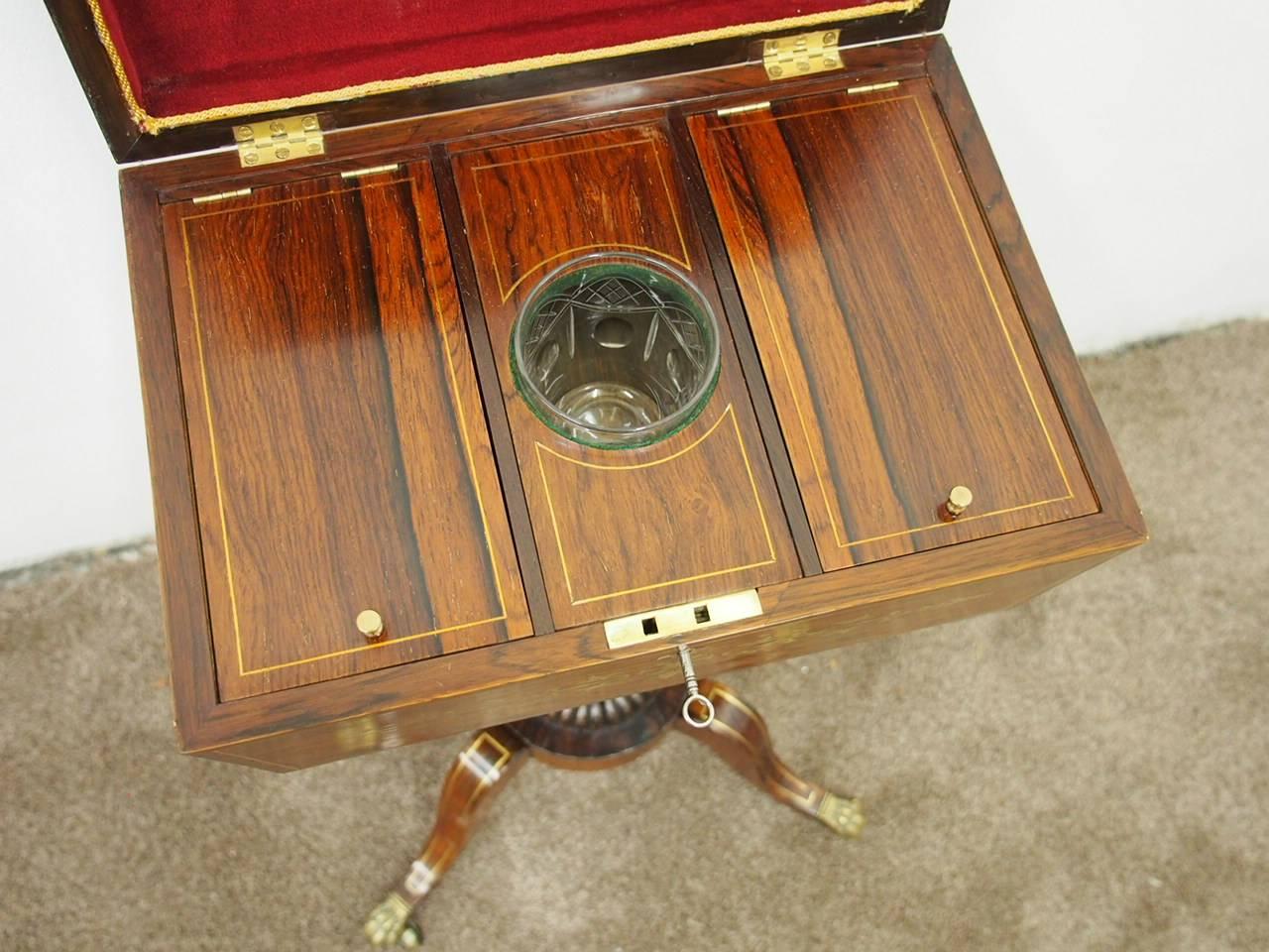 Rare Regency Rosewood and Brass Inlaid Teapoy on Stand, circa 1815 For Sale 3