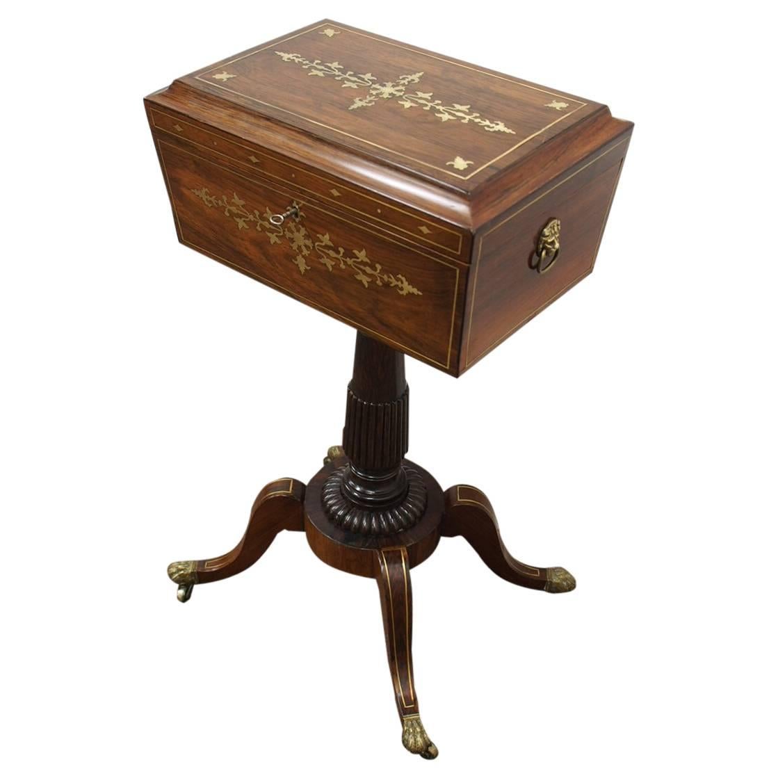 Rare Regency Rosewood and Brass Inlaid Teapoy on Stand, circa 1815 For Sale