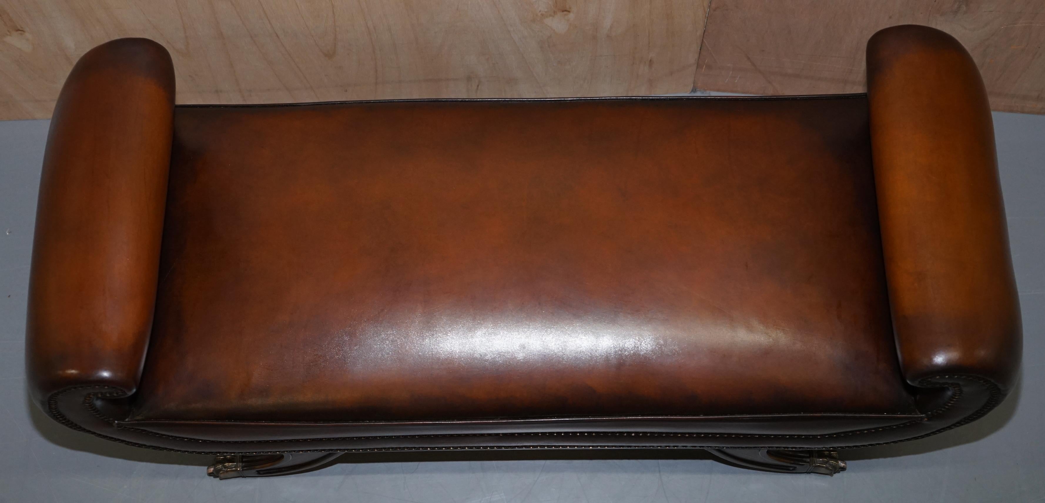 Rare Regency Scroll Arm Fully Restored Brown Leather Hand Dyed Window Bench Seat 2