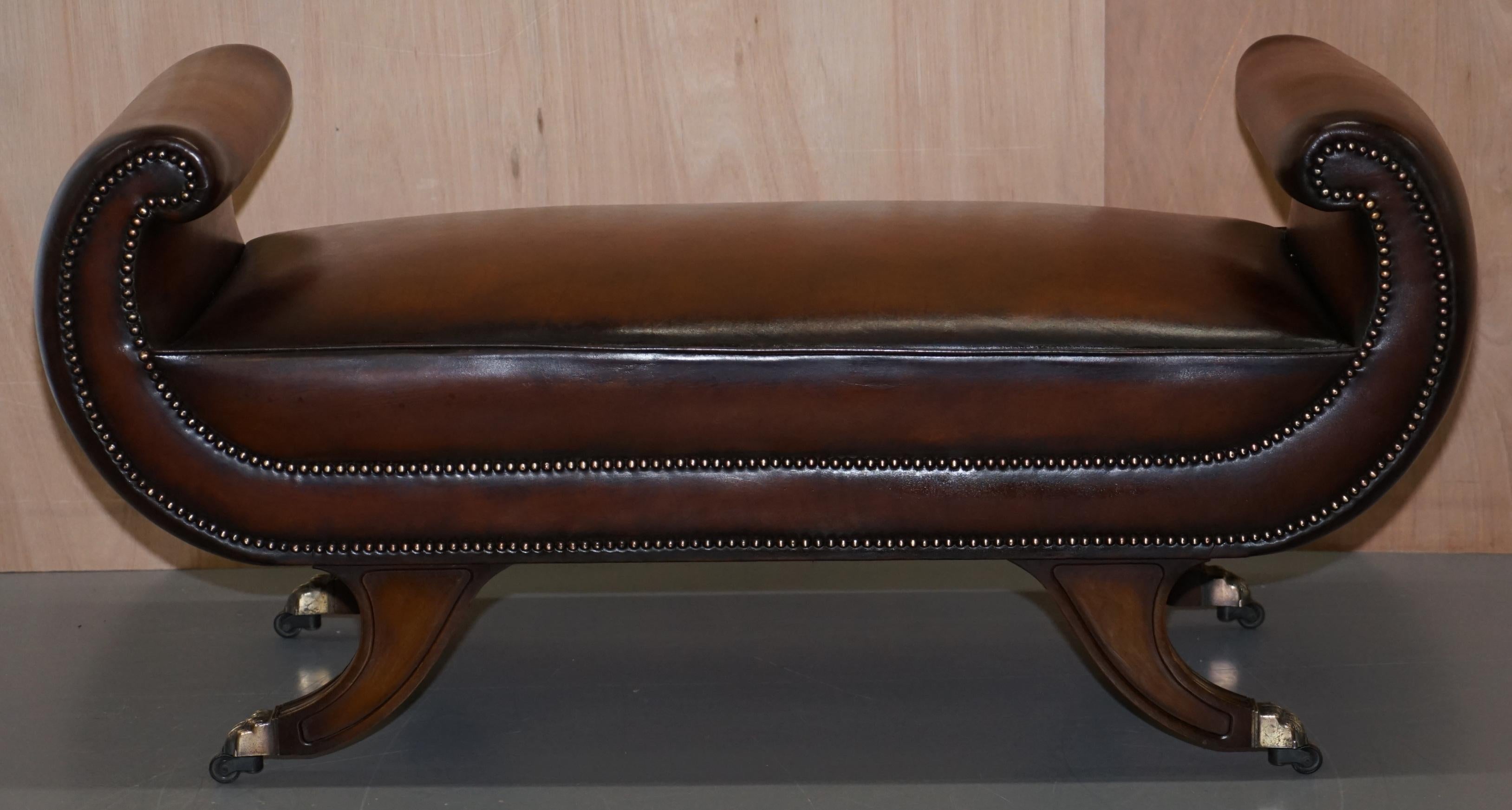 Rare Regency Scroll Arm Fully Restored Brown Leather Hand Dyed Window Bench Seat 8
