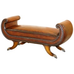 Vintage Rare Regency Scroll Arm Fully Restored Brown Leather Hand Dyed Window Bench Seat