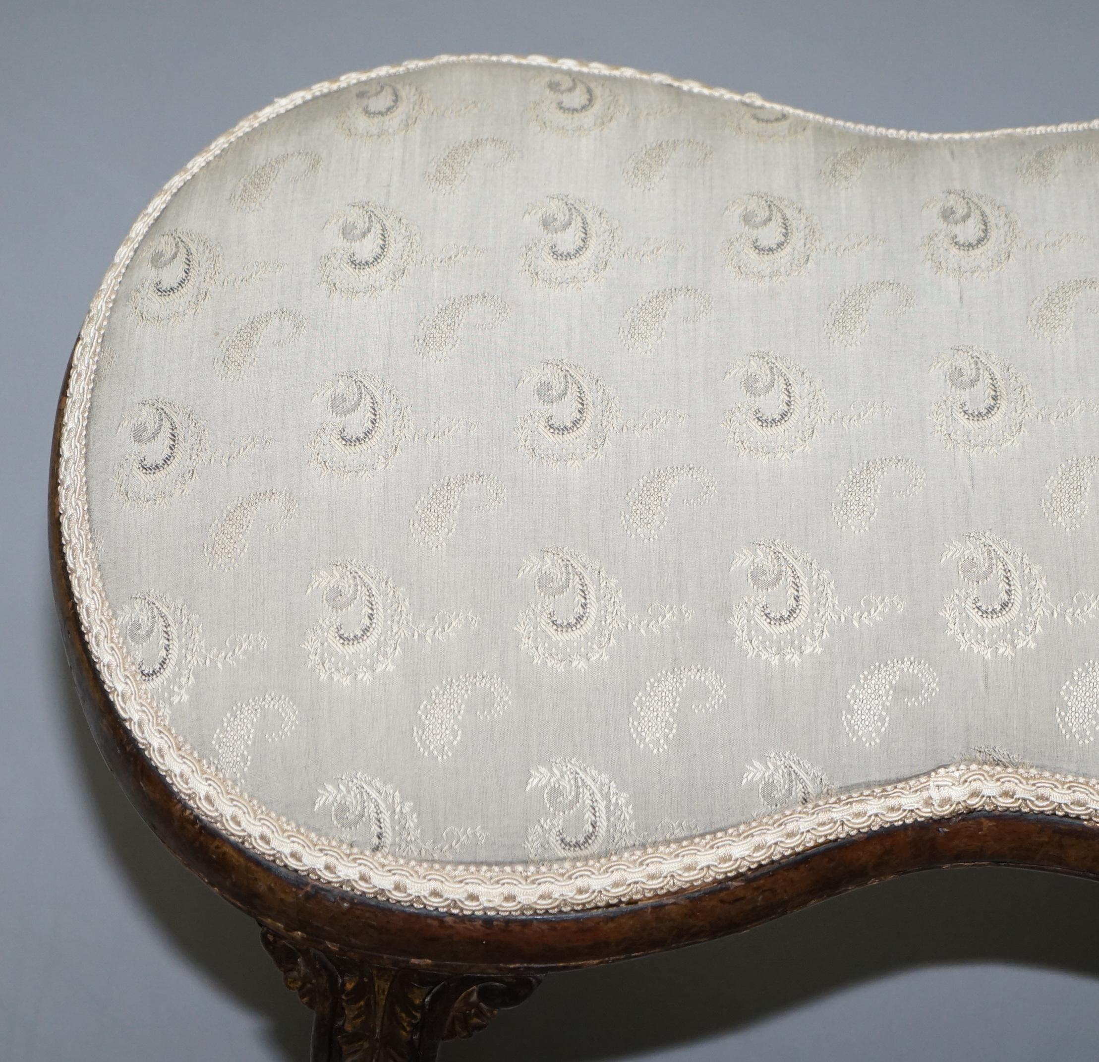 Upholstery Rare Regency Walnut Giltwood Curved Kidney Saddle Stool Acanthus Leaf Detailing For Sale