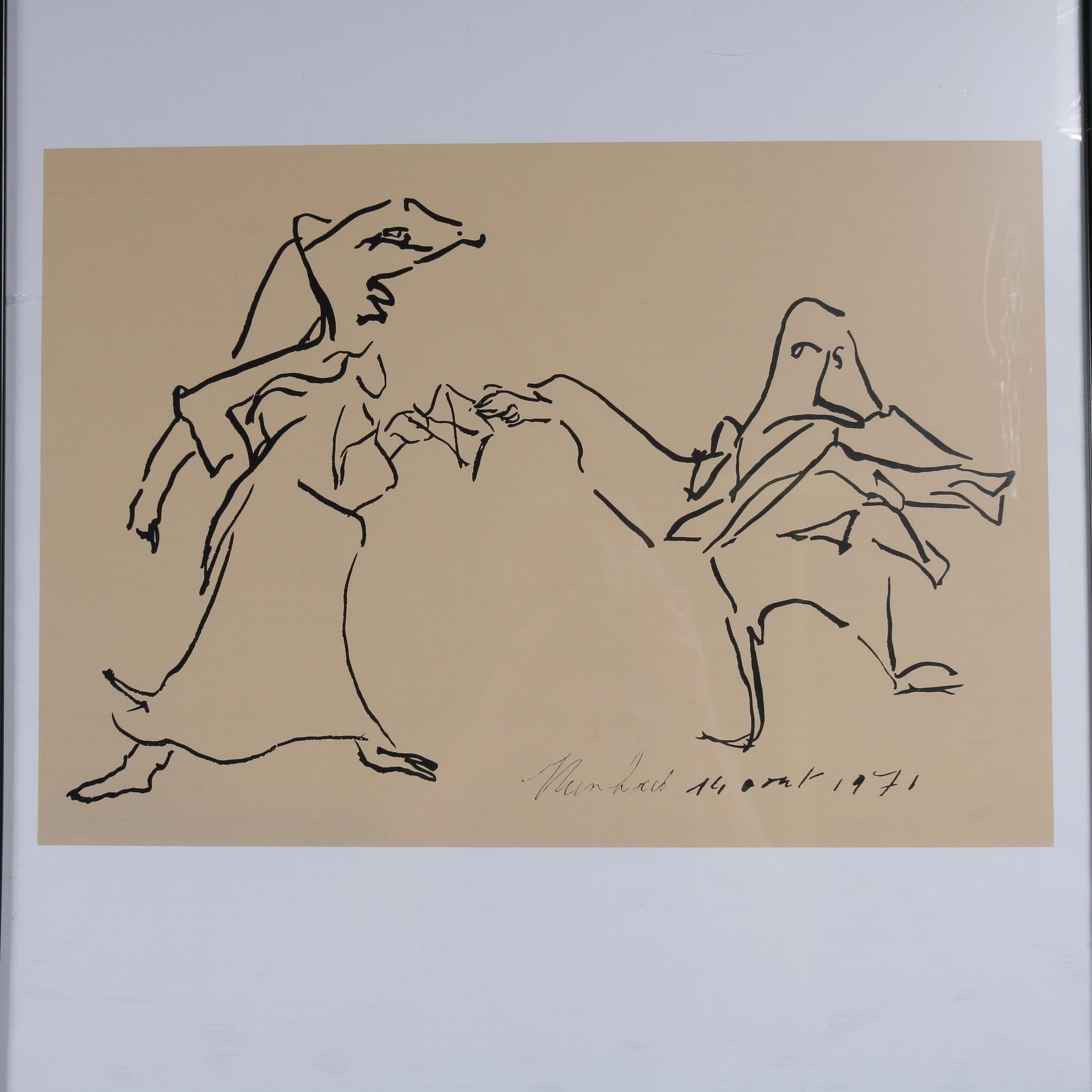 A beautiful rare silk screen by Reinhoud d'Haese, made in 1971.

The piece is signed and dated and shows a beautiful, minimalist style artwork of two people in the iconic style of d'Haese. It is framed in a vertical fram with a white
