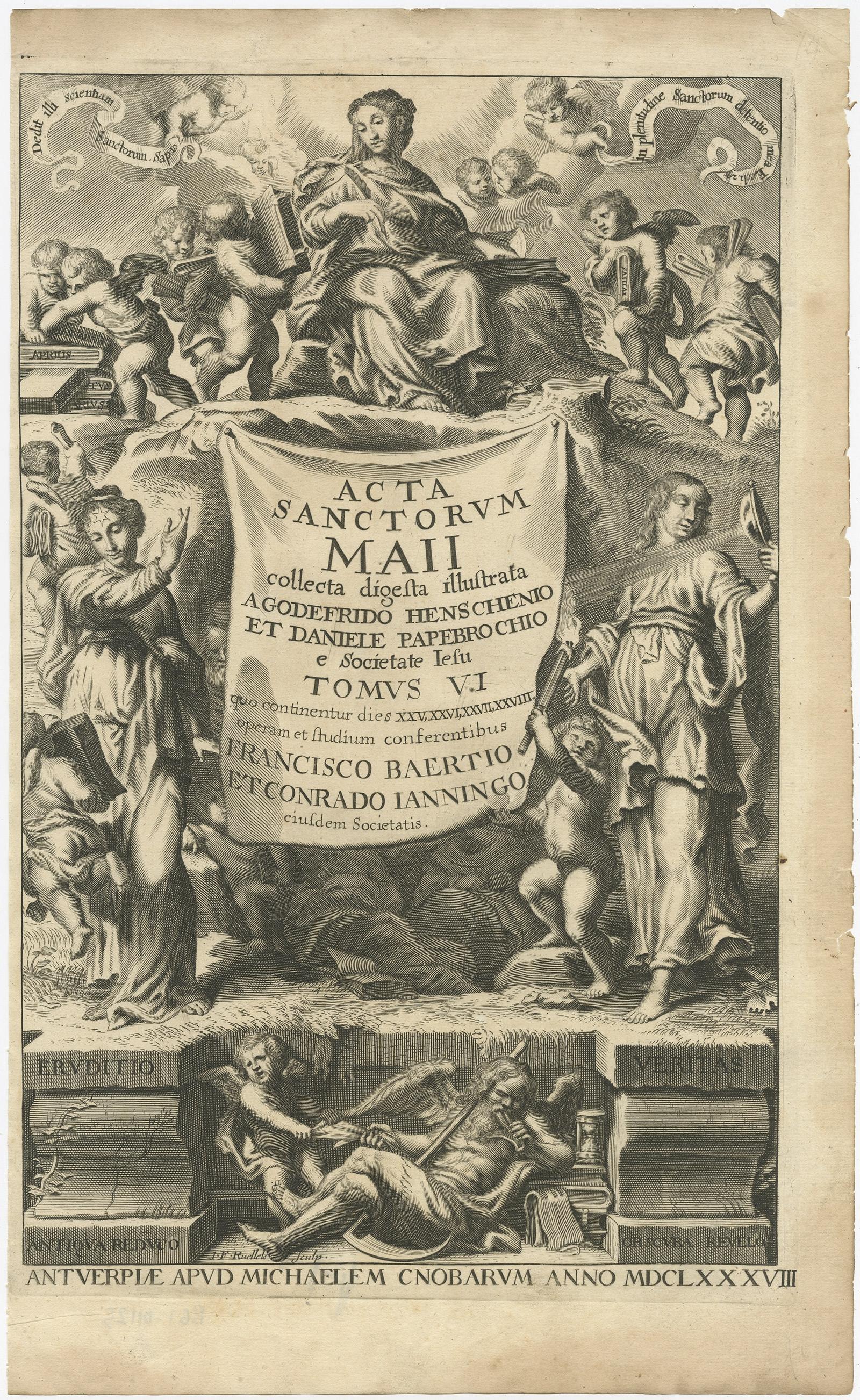 Antique frontispiece titled 'Acta Sactorum Maii, Tomus VI'. This engraving depicts various religious figures. Originates from 'Acta Sanctorum', an encyclopedic text in 68 folio volumes of documents examining the lives of Christian saints.

Artists