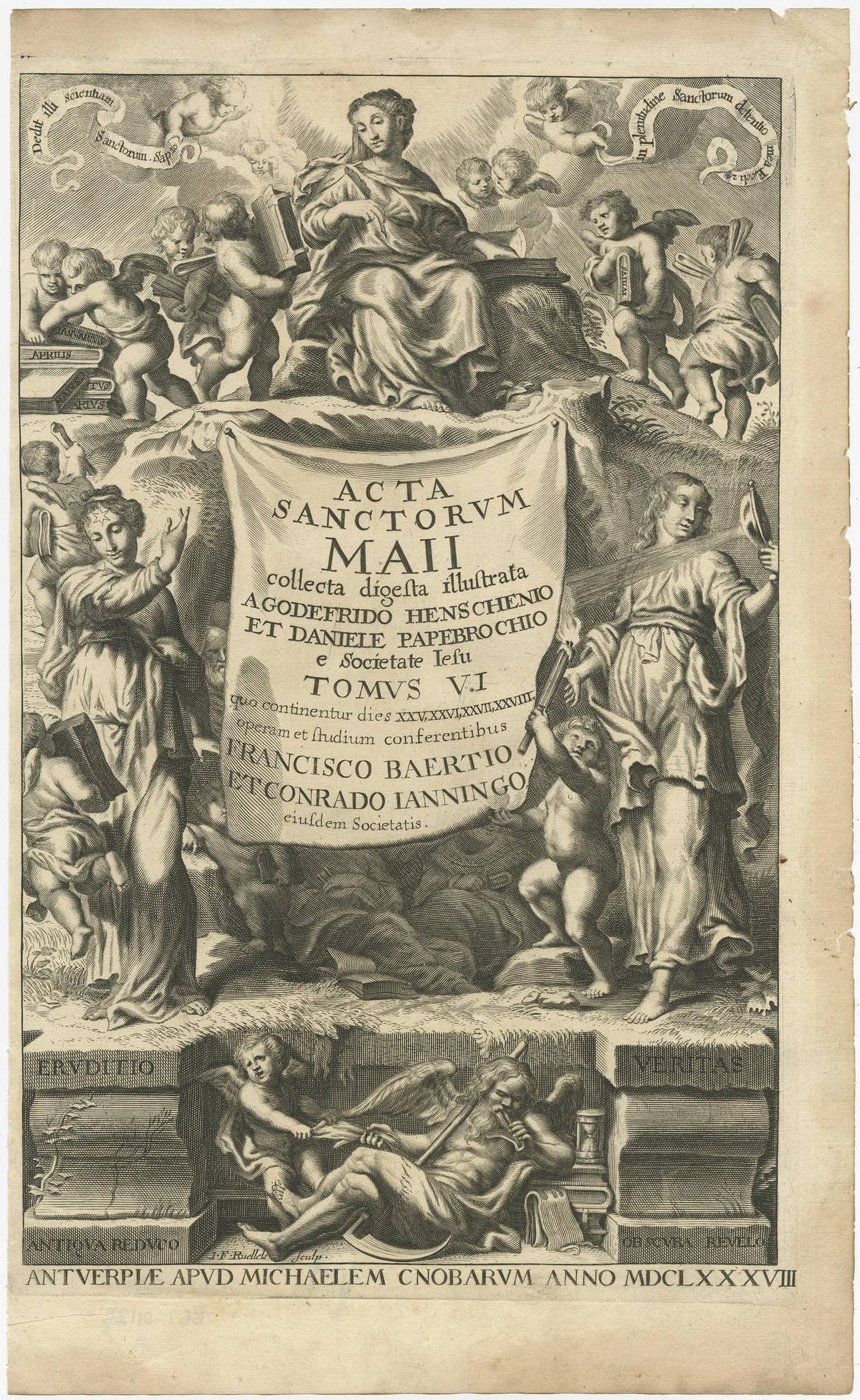 Rare Religious Antique Frontispiece of the Acta Sanctorum, 1688