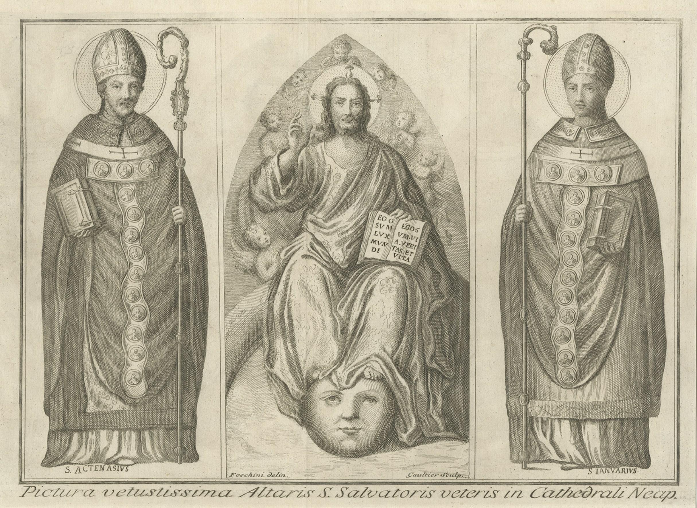 Seltener religiöser Druck des Vaters mit S. Actenasius & S.Ianuarius, ca.1750 im Zustand „Gut“ im Angebot in Langweer, NL