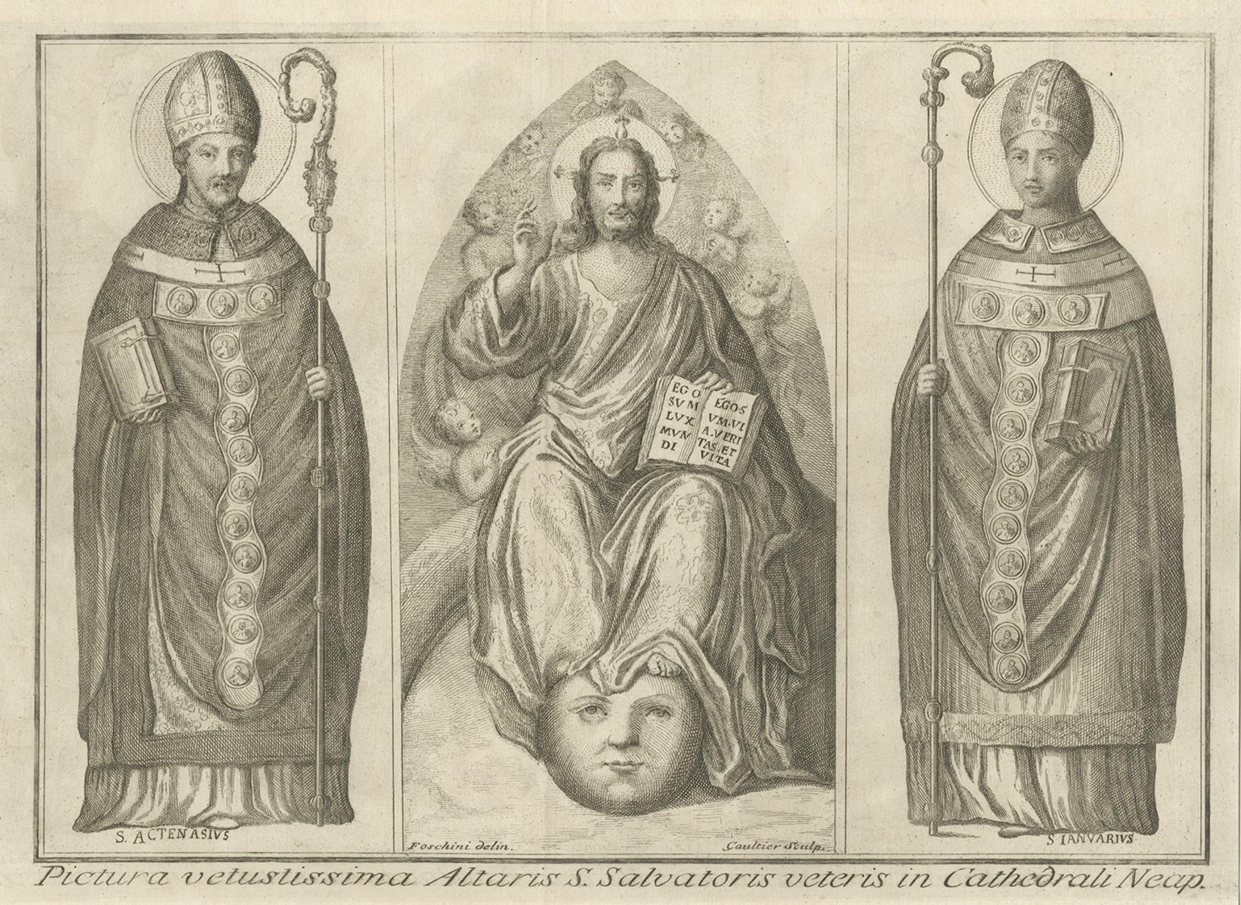 Rara estampa religiosa de Dios Padre con S. Actenasio y S.Ianuario, ca.1750 en Bueno estado para la venta en Langweer, NL