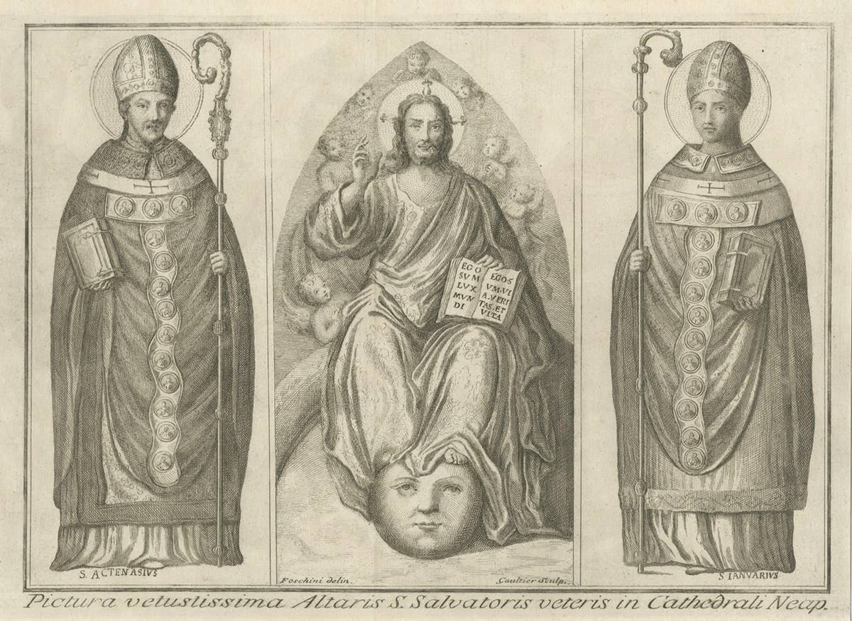 Rare Religious Print of God the Father with S. Actenasius & S.Ianuarius, ca.1750