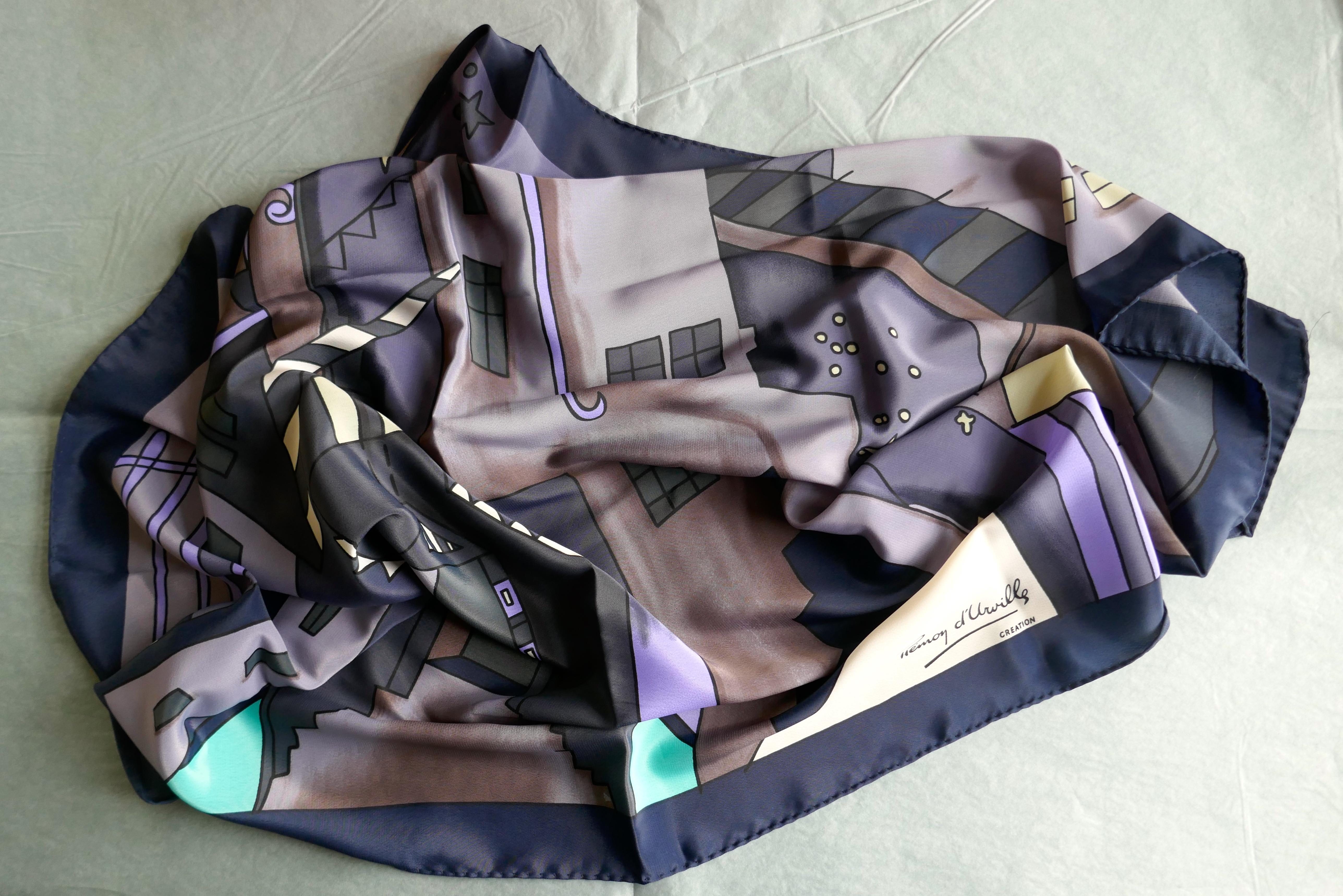 Rare Remoy d'Urville Creation Designer Silk Scarf  Vintage1980s Abstract Cityscape 

Moda Italiana Twilight Pallet signed 
Unworn and safely stored away in acid free paper 
It is as crisp as the day of purchase. As shown in the photos, this stunning