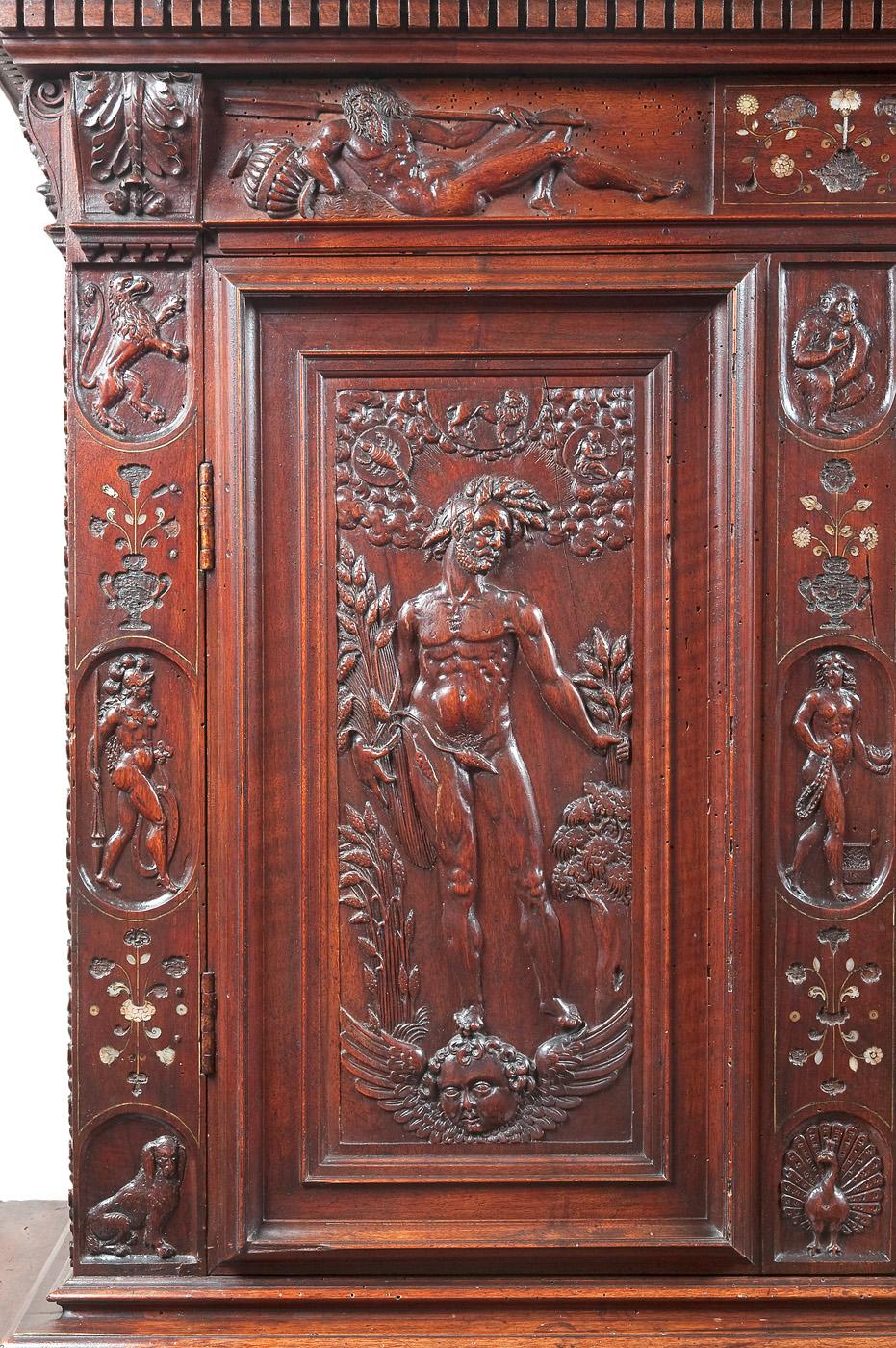 French Rare Renaissance Cabinet Richly Carved For Sale