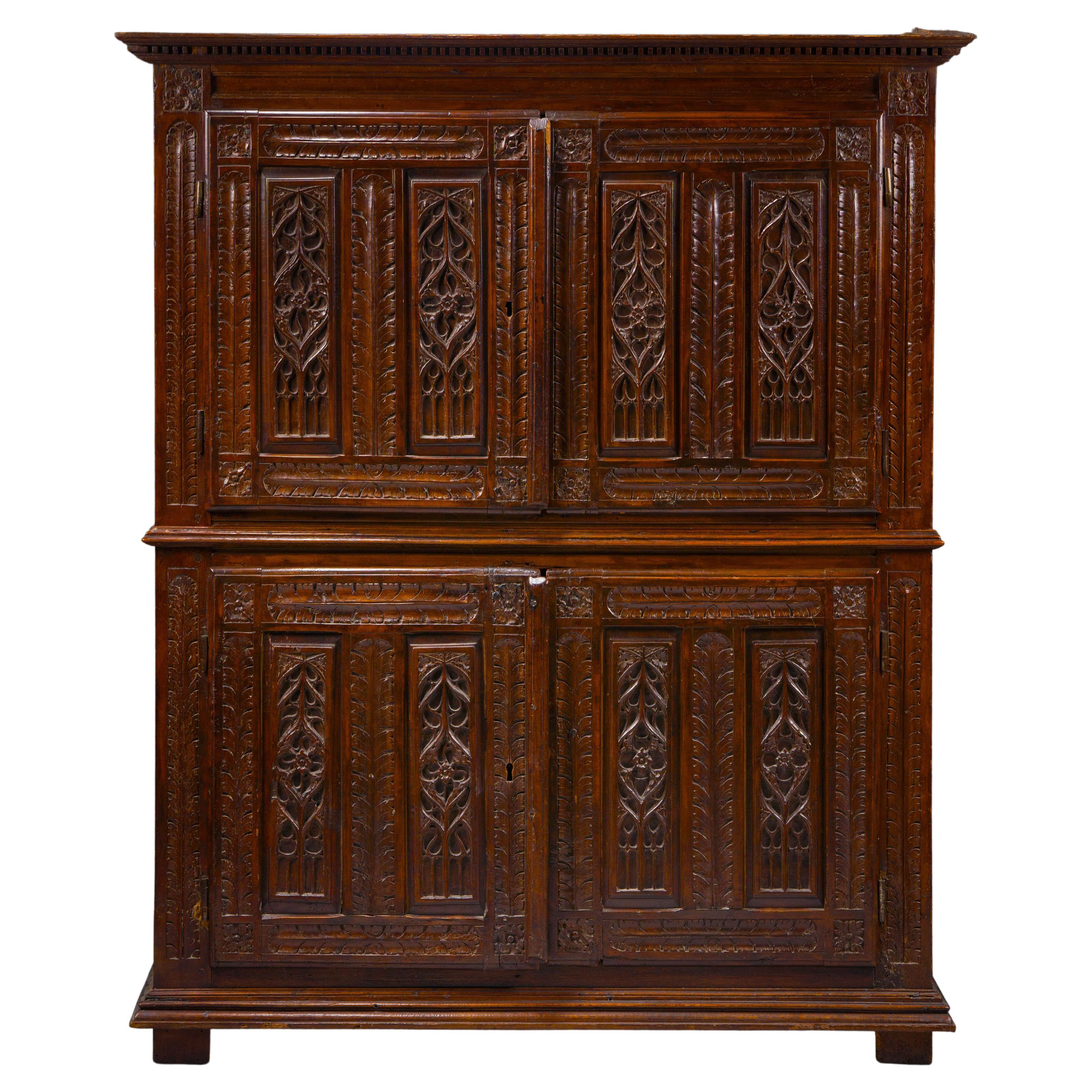 Rare Renaissance Cabinet with Feather quill and Fenestration Decoration For Sale