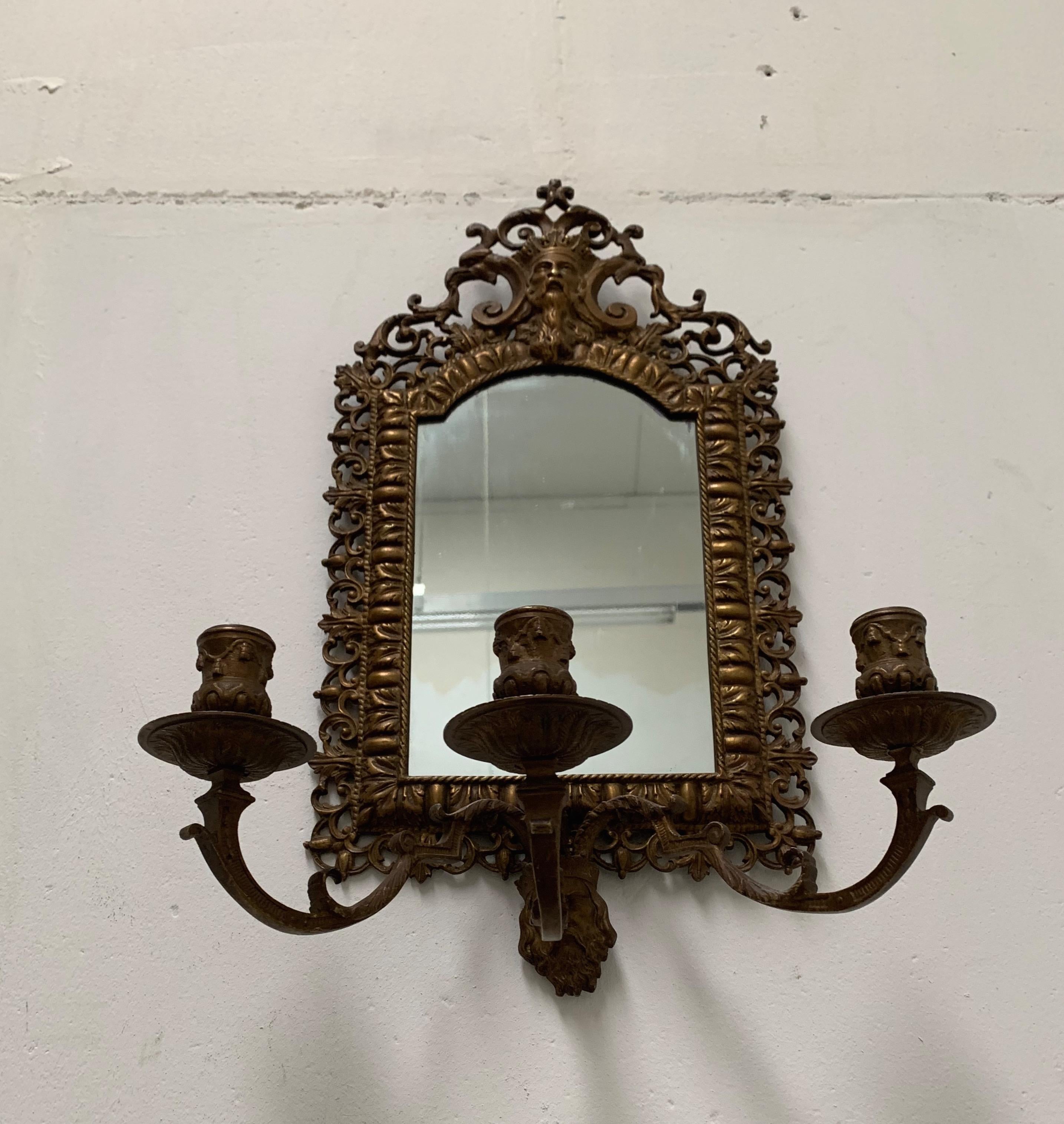 Rare Renaissance Revival Bronze Wall Mirror with Candelabras and Stunning Masks For Sale 4