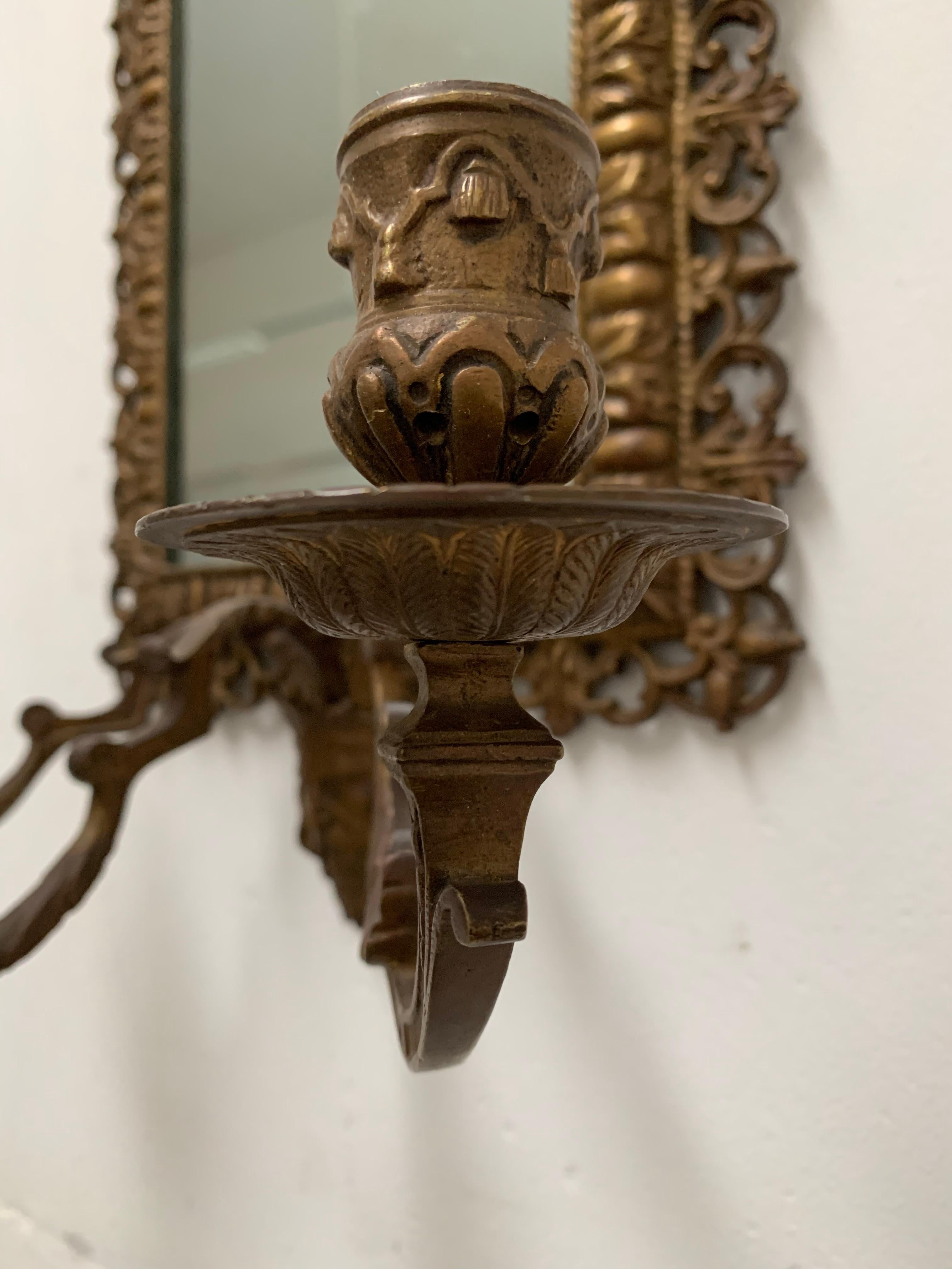 Rare Renaissance Revival Bronze Wall Mirror with Candelabras and Stunning Masks For Sale 7