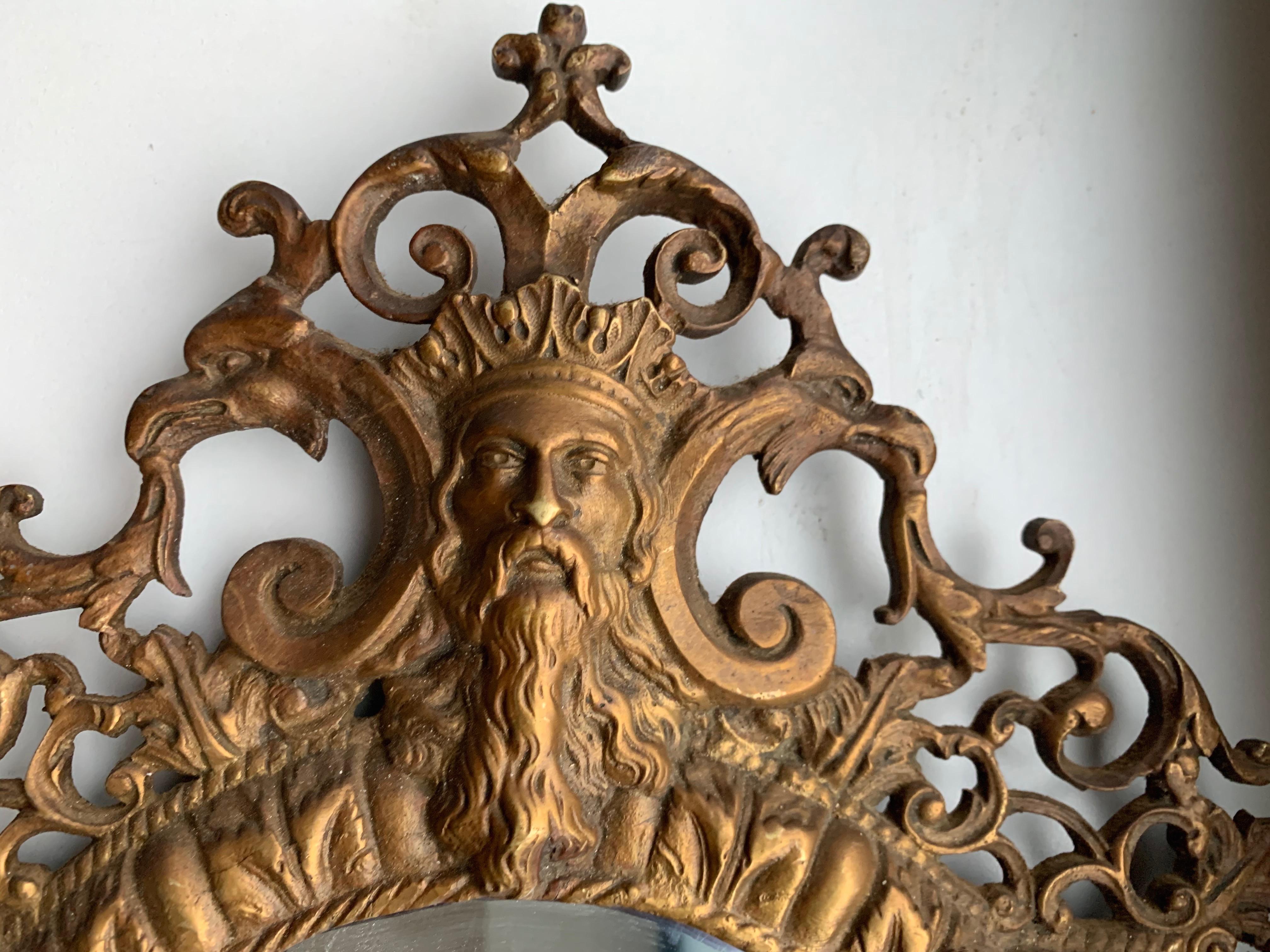 Rare Renaissance Revival Bronze Wall Mirror with Candelabras and Stunning Masks For Sale 11