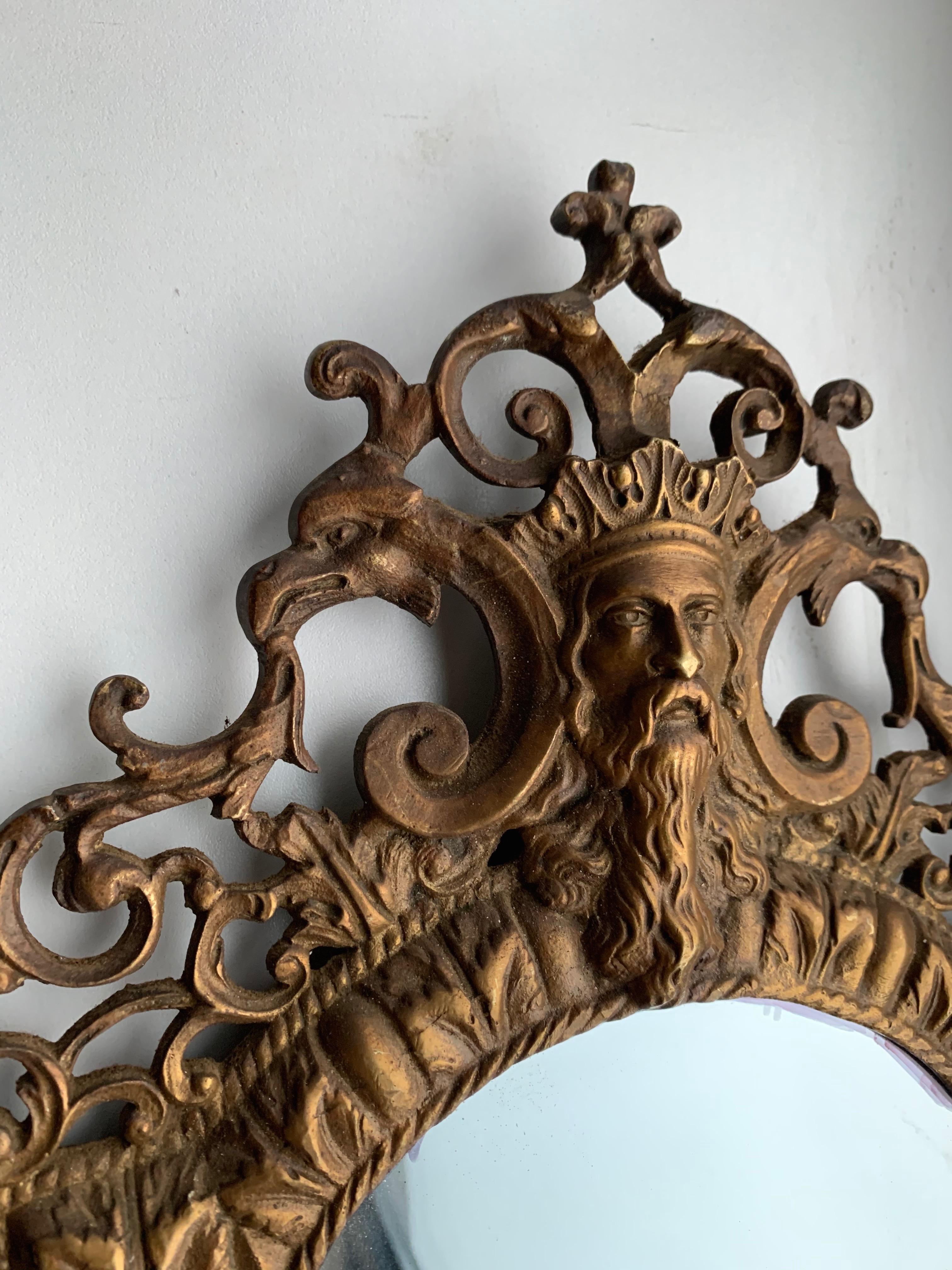 Rare Renaissance Revival Bronze Wall Mirror with Candelabras and Stunning Masks For Sale 12