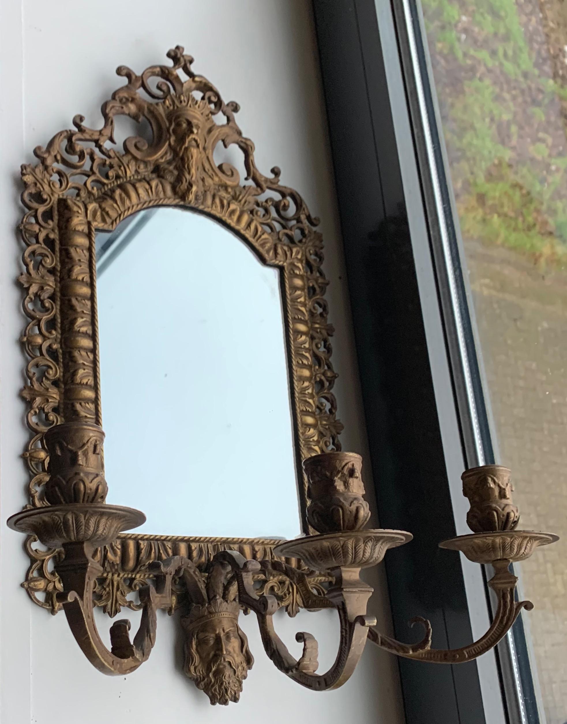 19th Century Rare Renaissance Revival Bronze Wall Mirror with Candelabras and Stunning Masks For Sale